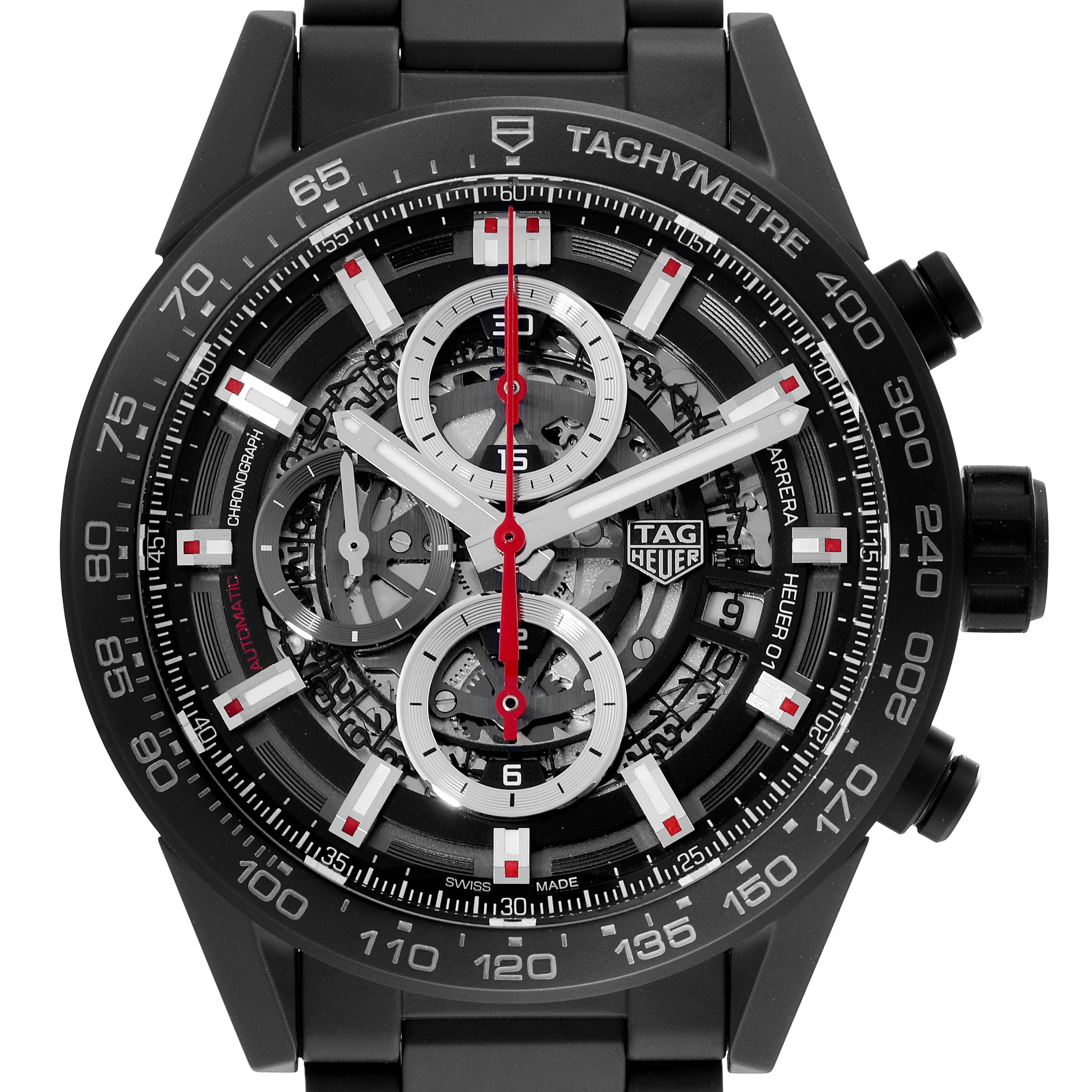This image shows the Tag Heuer Carrera CAR2090 Men's Stainless Steel Black Dial CAR2090 Men's Stainless Steel Black Dial model watch from a front angle, highlighting the intricate dial and tachymeter bezel.