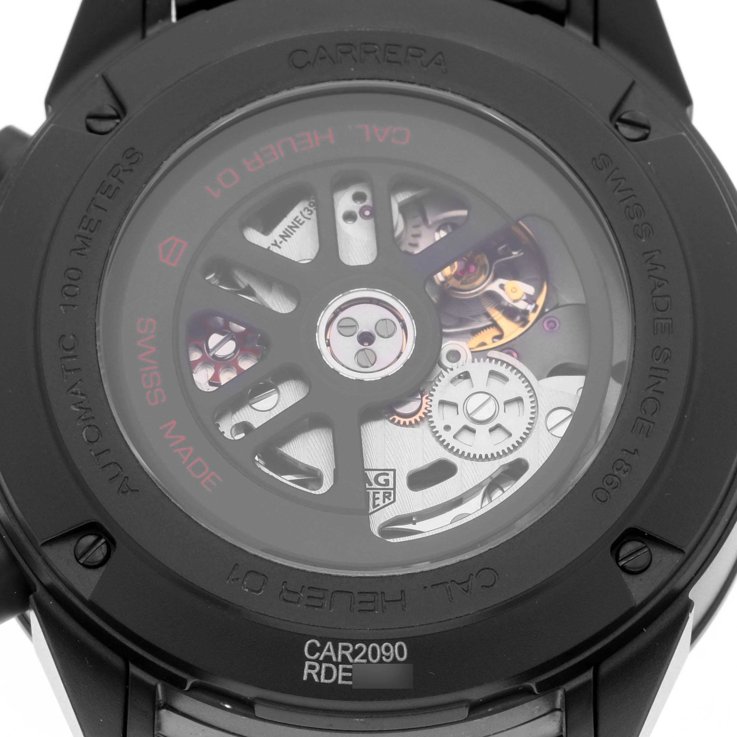 This image shows the backside of a Tag Heuer Carrera CAR2090 Men's Stainless Steel Black Dial CAR2090 Men's Stainless Steel Black Dial watch, highlighting its internal mechanical movement.