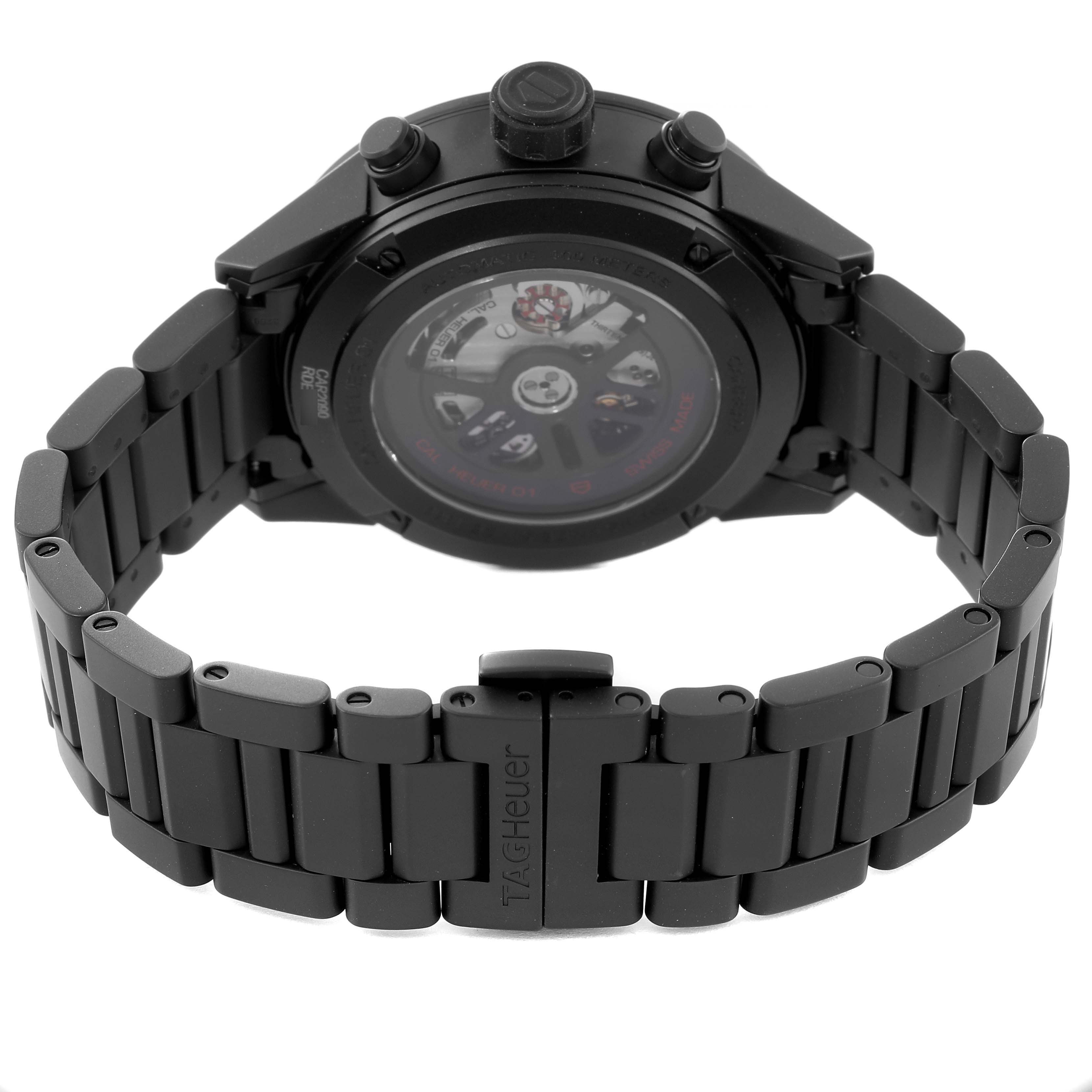 The image shows the back view of a Tag Heuer Carrera CAR2090 Men's Stainless Steel Black Dial CAR2090 Men's Stainless Steel Black Dial watch, focusing on the strap, clasp, and caseback.