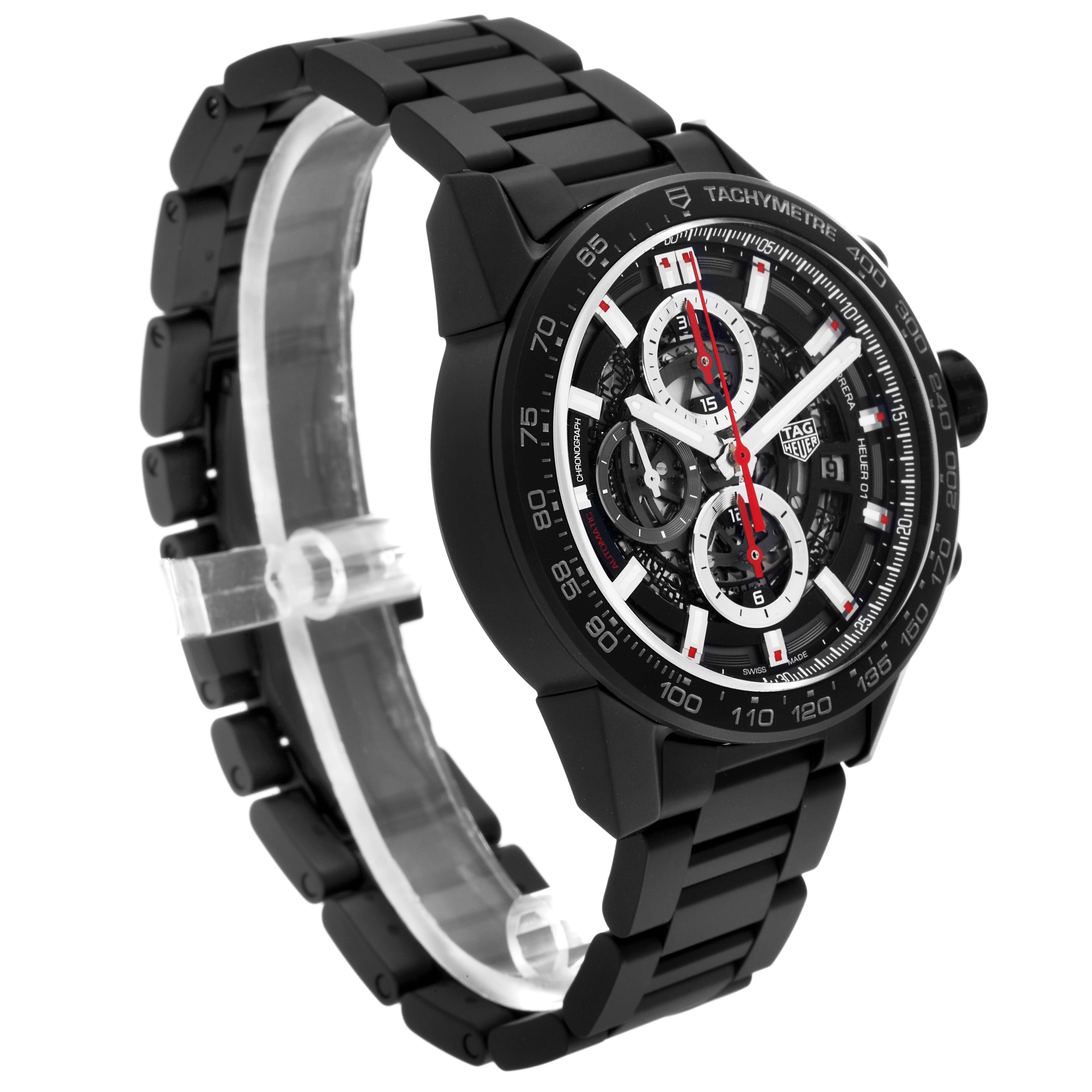 The image shows a side angle of the Tag Heuer Carrera CAR2090 Men's Stainless Steel Black Dial CAR2090 Men's Stainless Steel Black Dial model, highlighting its black bracelet and detailed dial.