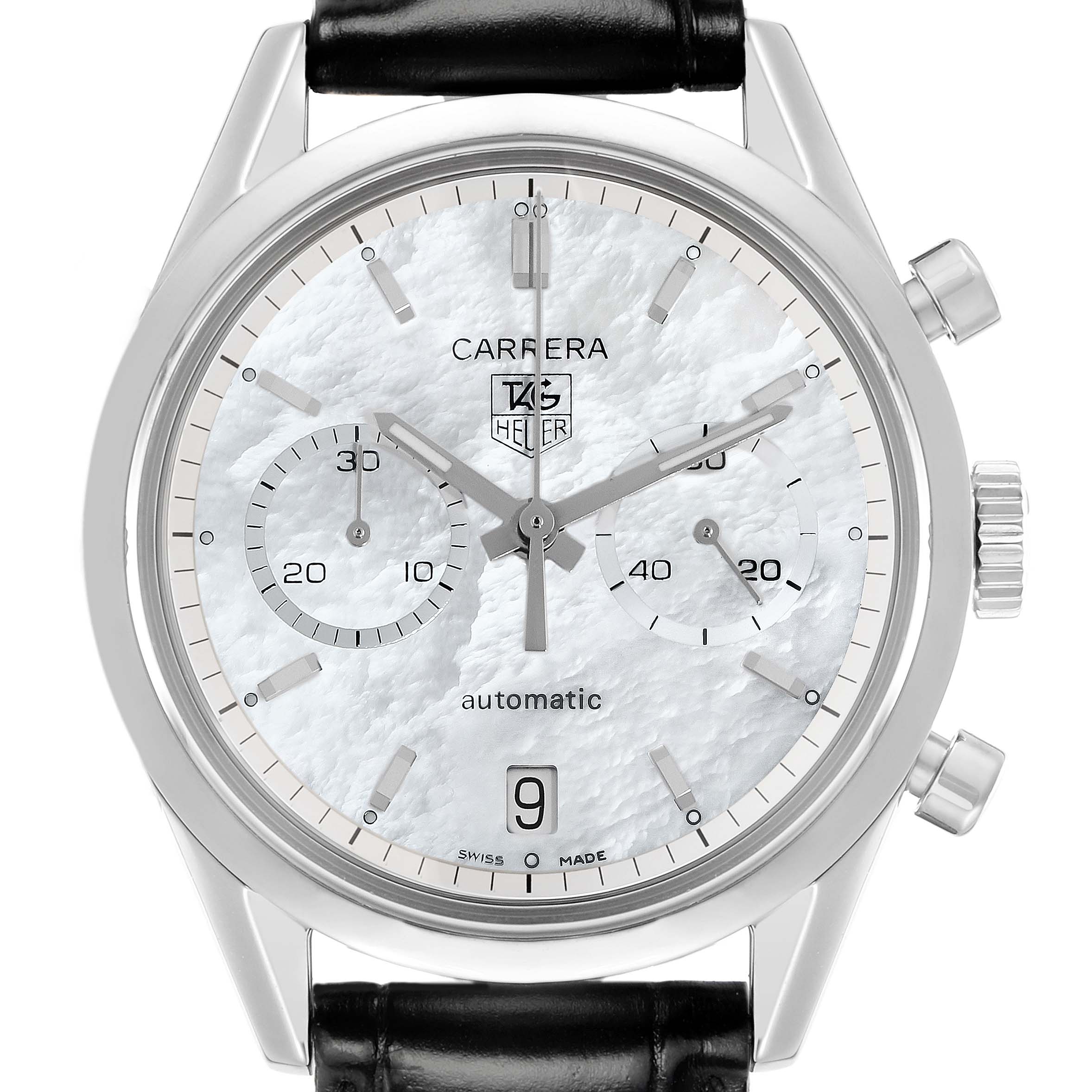 The Tag Heuer Carrera CV2115 Men
s Stainless Steel Mother of Pearl Dial watch is shown from a front angle, displaying the dial, date, subdials, and crown.