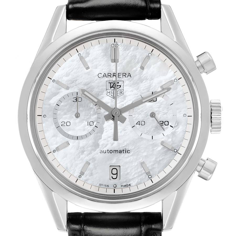 The Tag Heuer Carrera CV2115 Men's Stainless Steel Mother of Pearl Dial watch is shown from a front angle, displaying the dial, date, subdials, and crown.