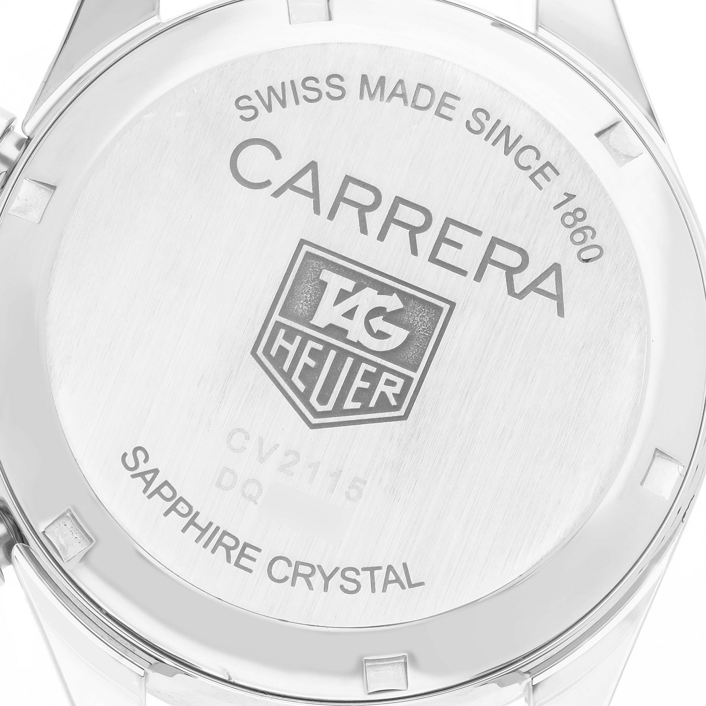 The image shows the back case of a Tag Heuer Carrera CV2115 Men
s Stainless Steel Mother of Pearl Dial watch, highlighting the engravings and branding.