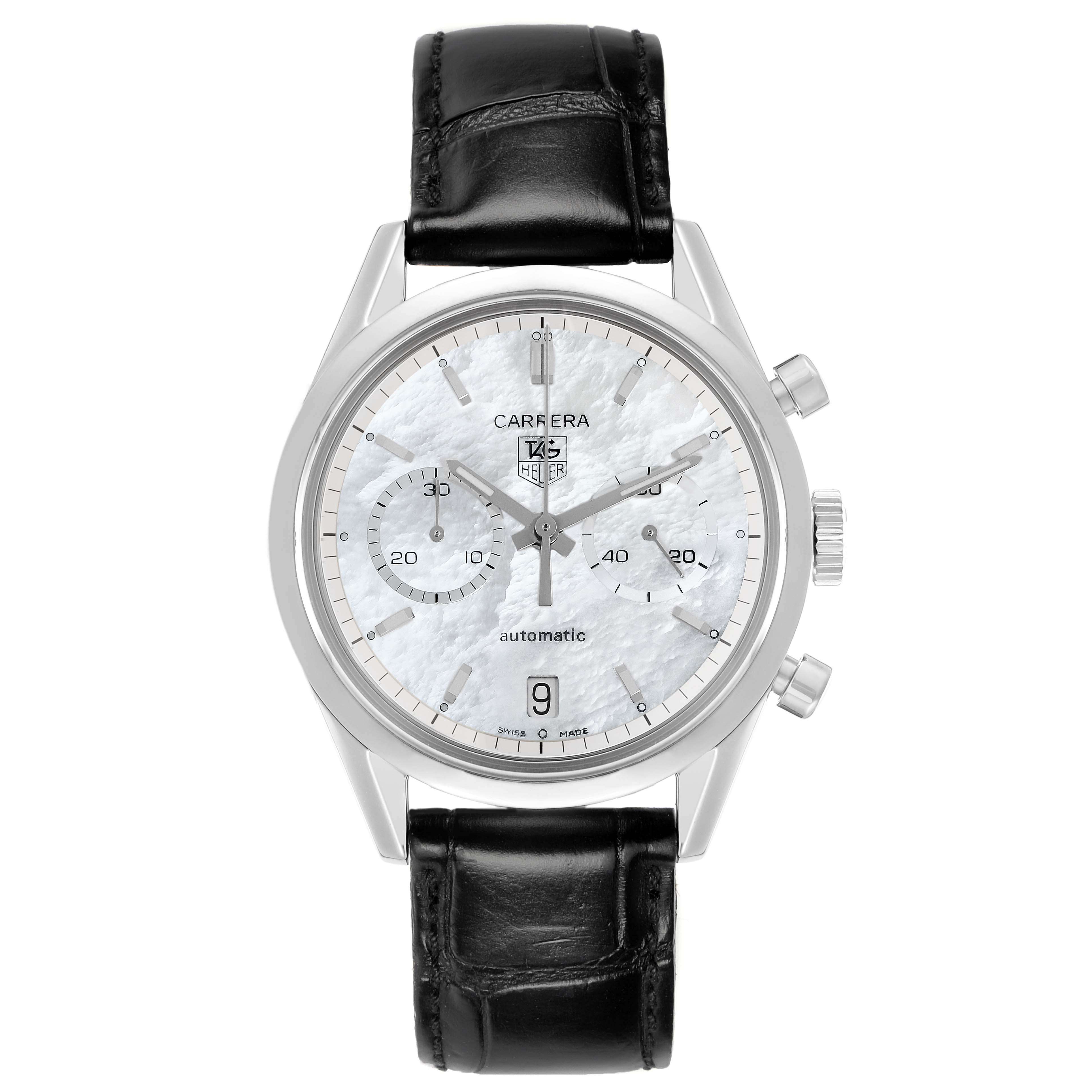 The Tag Heuer Carrera CV2115 Men
s Stainless Steel Mother of Pearl Dial watch is shown from a front view, displaying the dial, two subdials, crown, pushers, and leather strap.