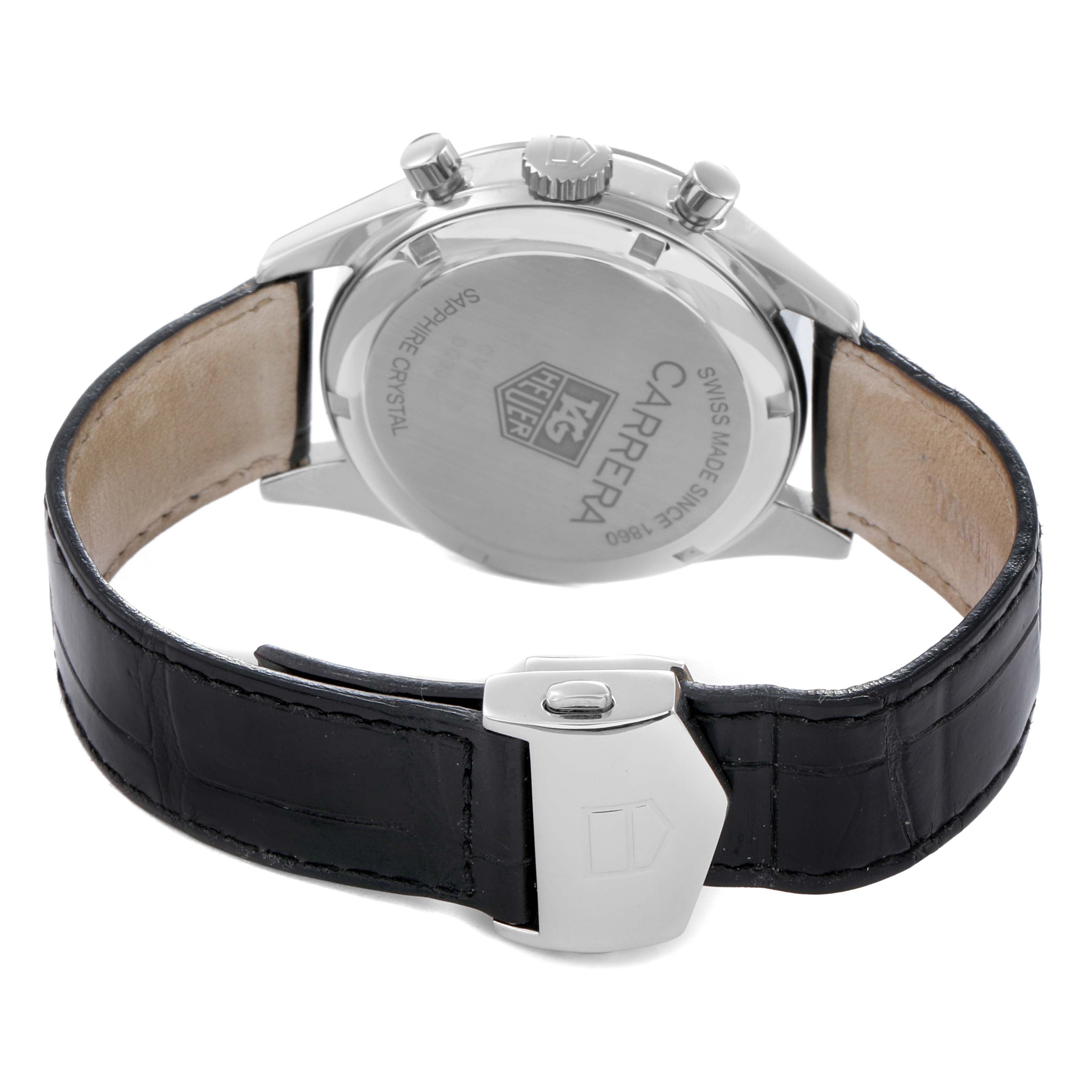 The image shows the back view of the Tag Heuer Carrera CV2115 Men
s Stainless Steel Mother of Pearl Dial watch, highlighting the case back, crown, pushers, and leather strap with a clasp.