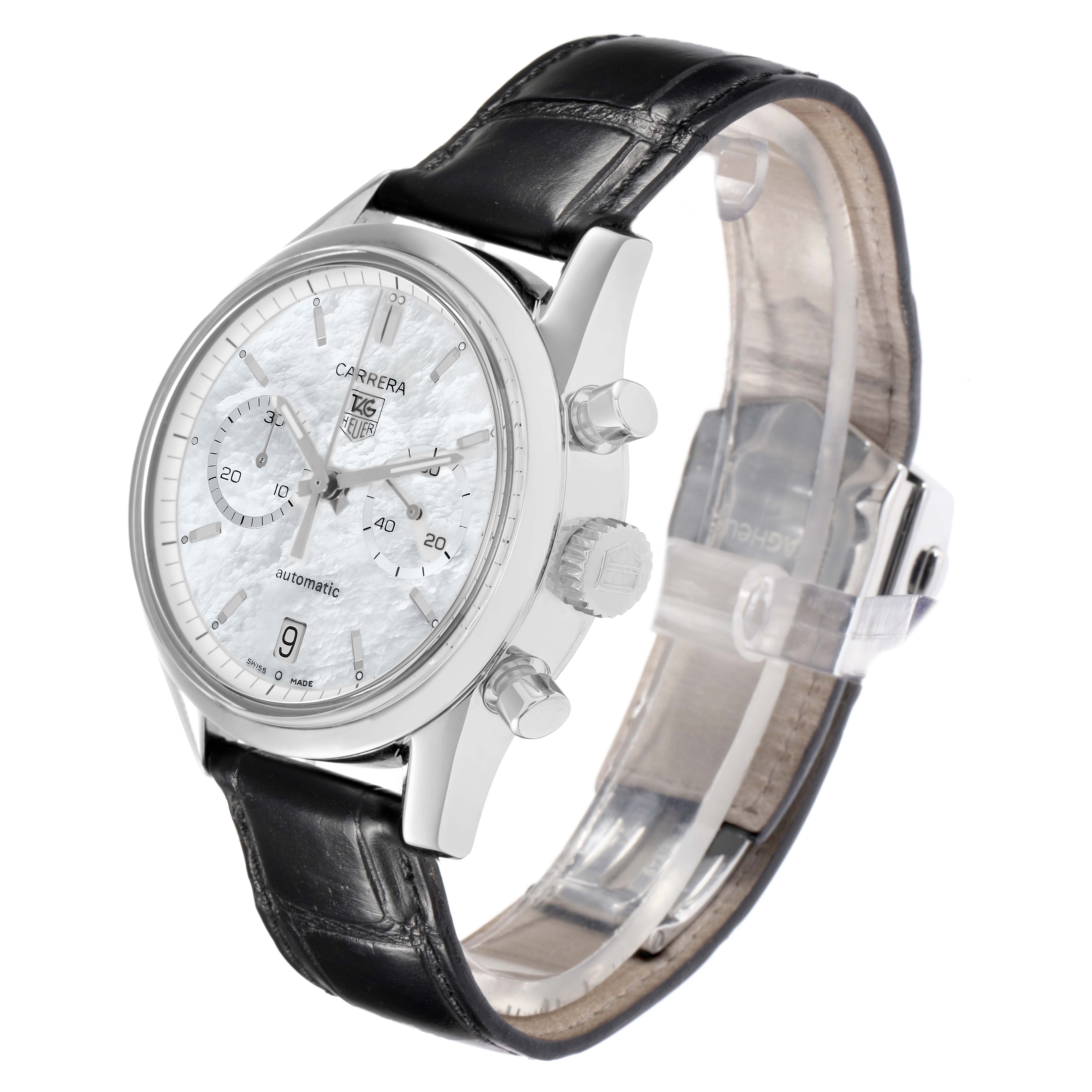 The Tag Heuer Carrera CV2115 Men
s Stainless Steel Mother of Pearl Dial watch is shown at a three-quarter angle, displaying the face, side buttons, and leather strap.
