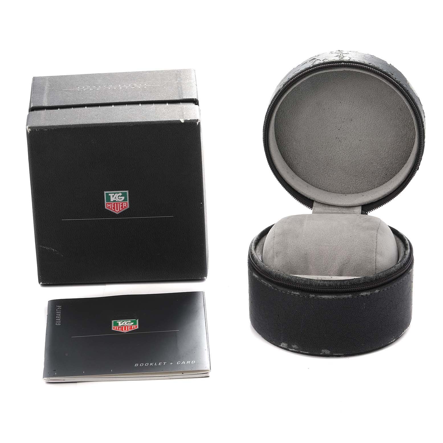 The image shows a Tag Heuer Carrera CV2115 Men
s Stainless Steel Mother of Pearl Dial packaging set, including a box, a watch case, and a booklet.