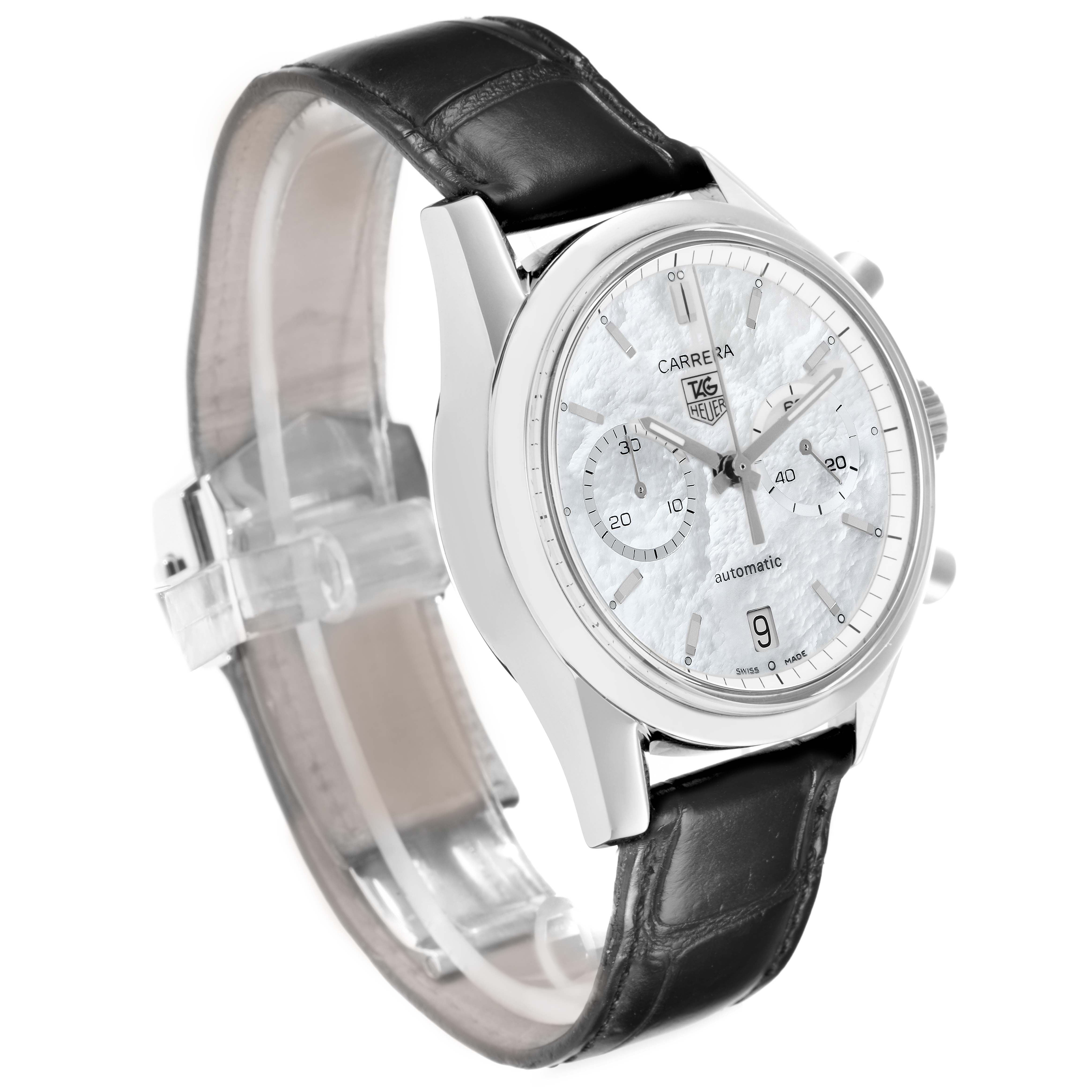 The image shows a Tag Heuer Carrera CV2115 Men
s Stainless Steel Mother of Pearl Dial watch at a three-quarter angle, highlighting the face, case, crown, and leather strap.