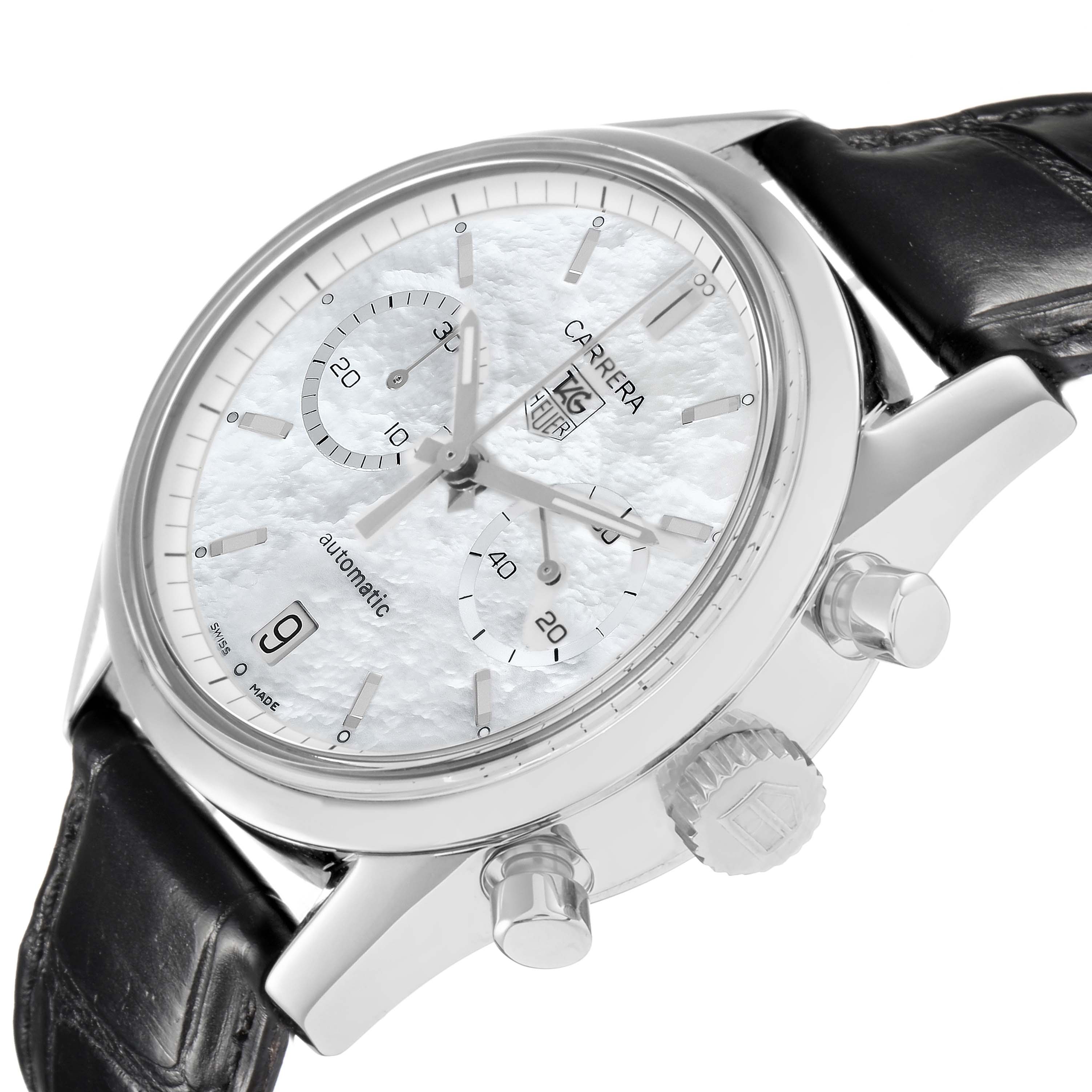 The Tag Heuer Carrera CV2115 Men
s Stainless Steel Mother of Pearl Dial watch is shown from a three-quarter angle, displaying the dial, crown, pushers, and part of the leather strap.