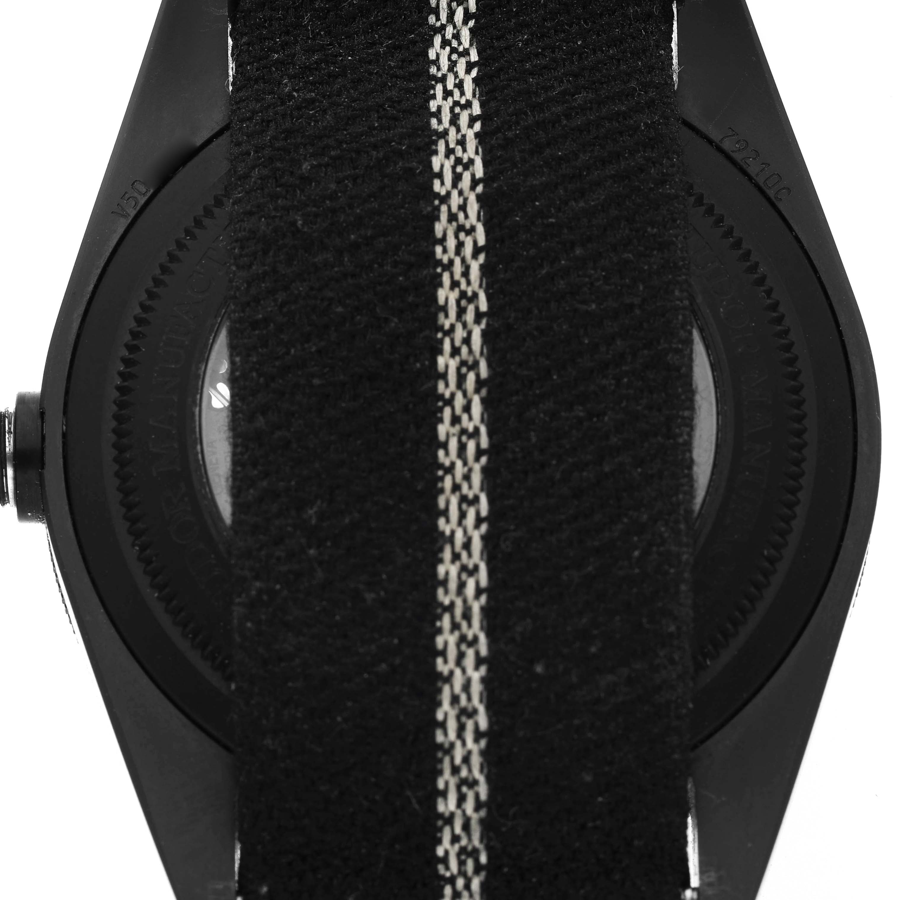 The image shows the Heritage Black Bay's back case with a fabric strap covering the middle part.