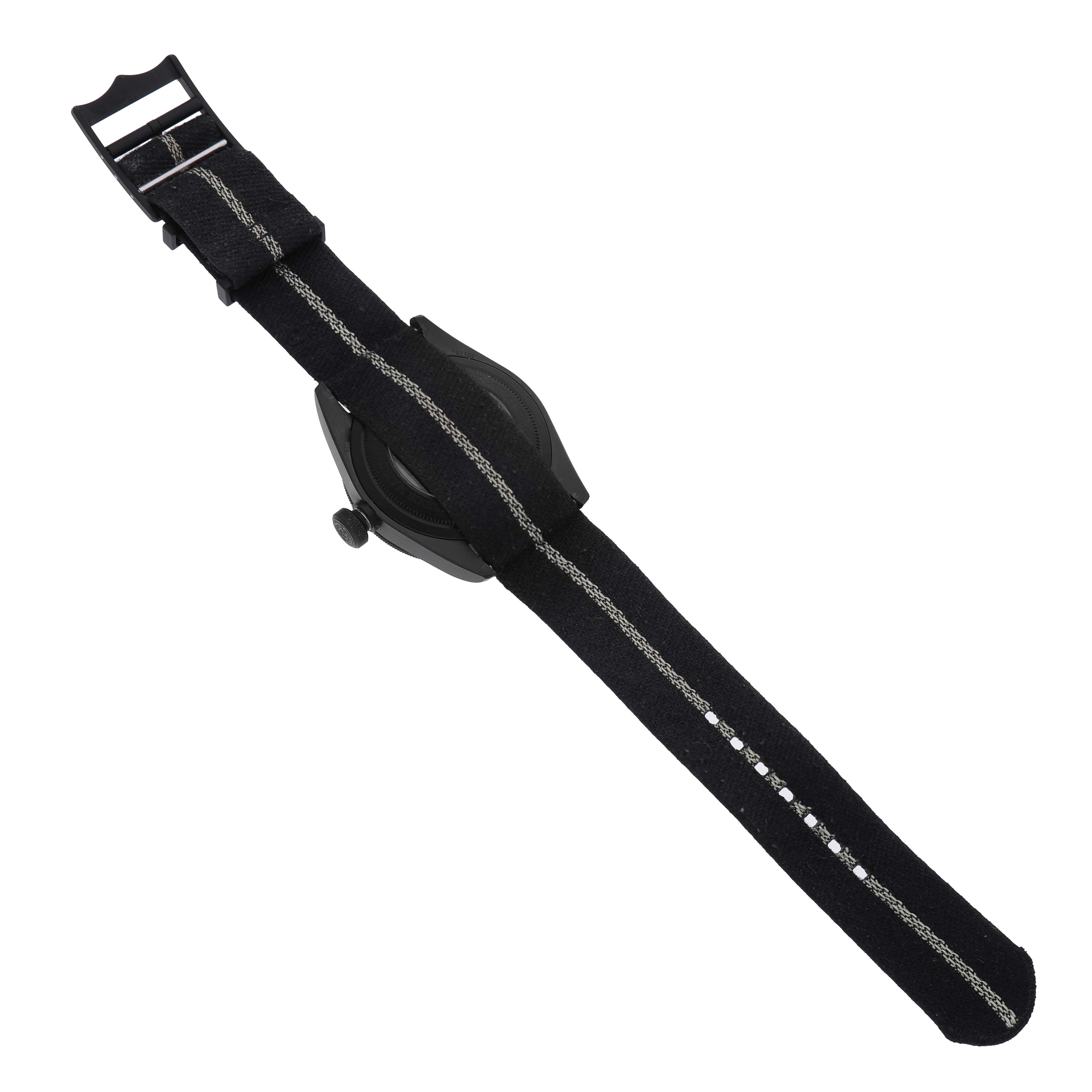 The image shows the back view of a Tudor Heritage Black Bay M79210CNU Men's Ceramic Black Dial watch, highlighting the strap and caseback.