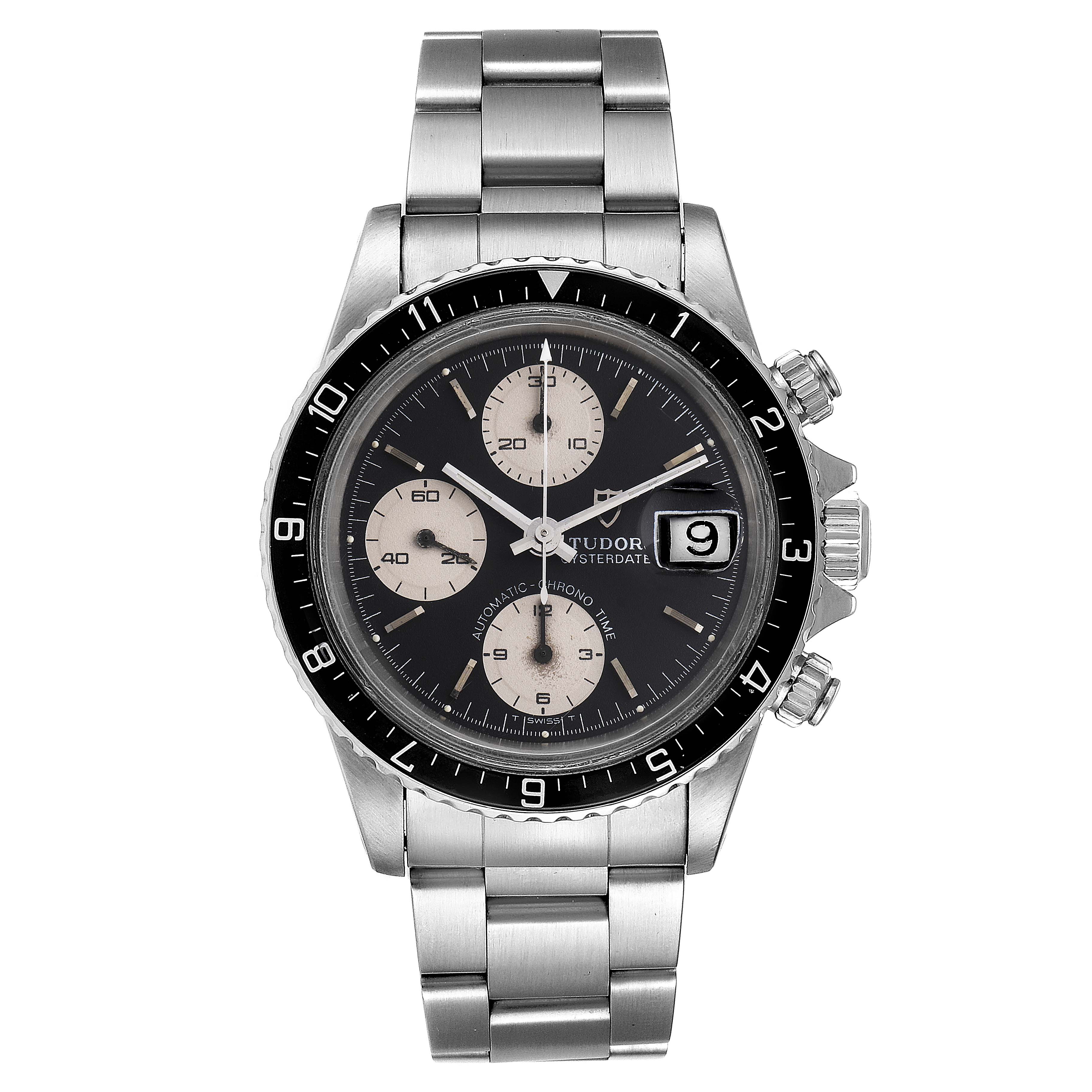 This image shows a front view of the Tudor Big Block 79170 Men's Stainless Steel Black Dial 79170 Men's Stainless Steel Black Dial watch, including its dial, bezel, pushers, and bracelet.
