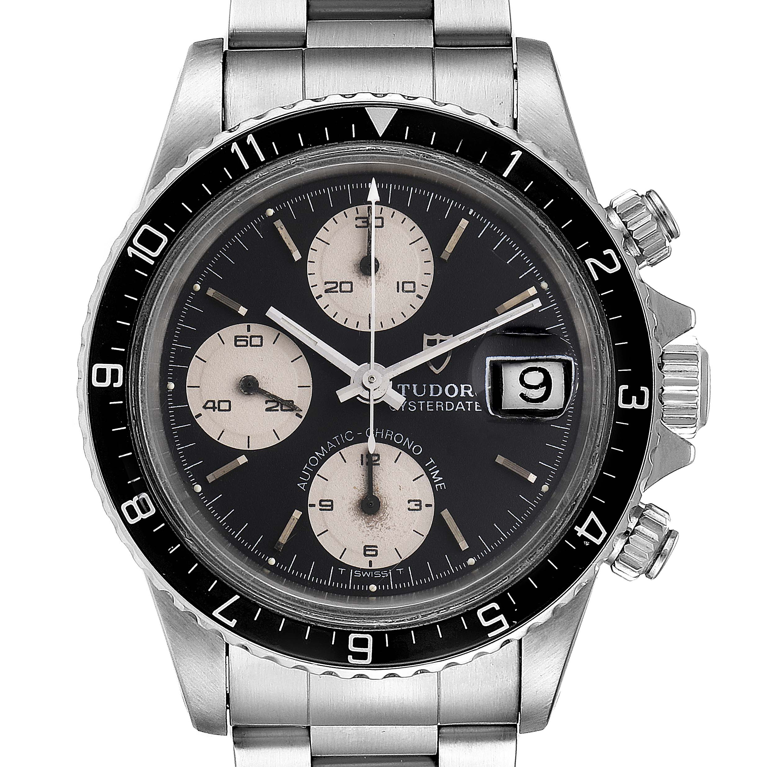 This image shows a front view of a Tudor Big Block 79170 Men's Stainless Steel Black Dial 79170 Men's Stainless Steel Black Dial watch, displaying its dial, sub-dials, bezel, and date window.