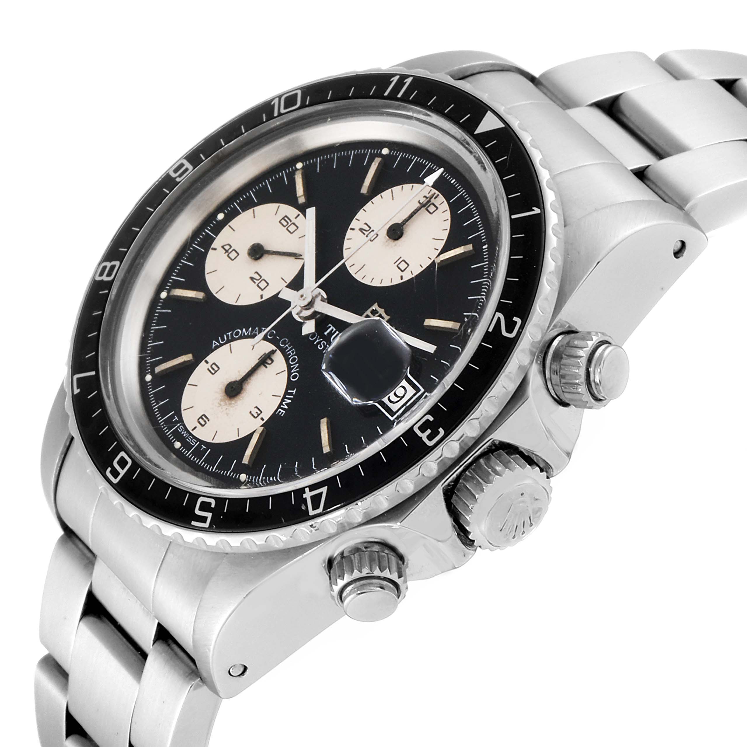 The Tudor Big Block 79170 Men's Stainless Steel Black Dial 79170 Men's Stainless Steel Black Dial model is shown at an angled close-up view, highlighting its dial, bezel, crown, and pushers.