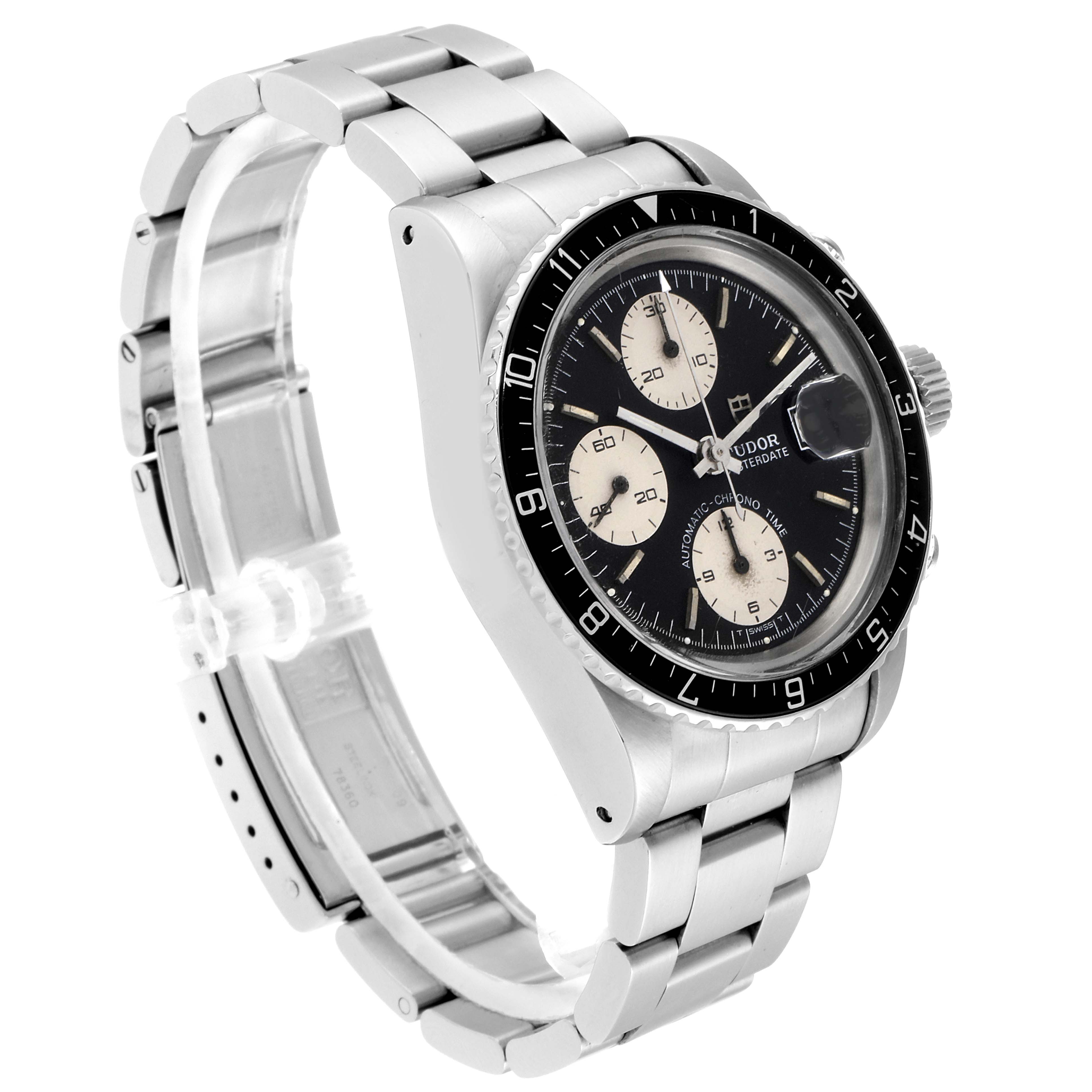 The Tudor Big Block 79170 Men's Stainless Steel Black Dial 79170 Men's Stainless Steel Black Dial watch is shown at a three-quarter angle, displaying its bezel, dial, chronograph sub-dials, and metal bracelet.