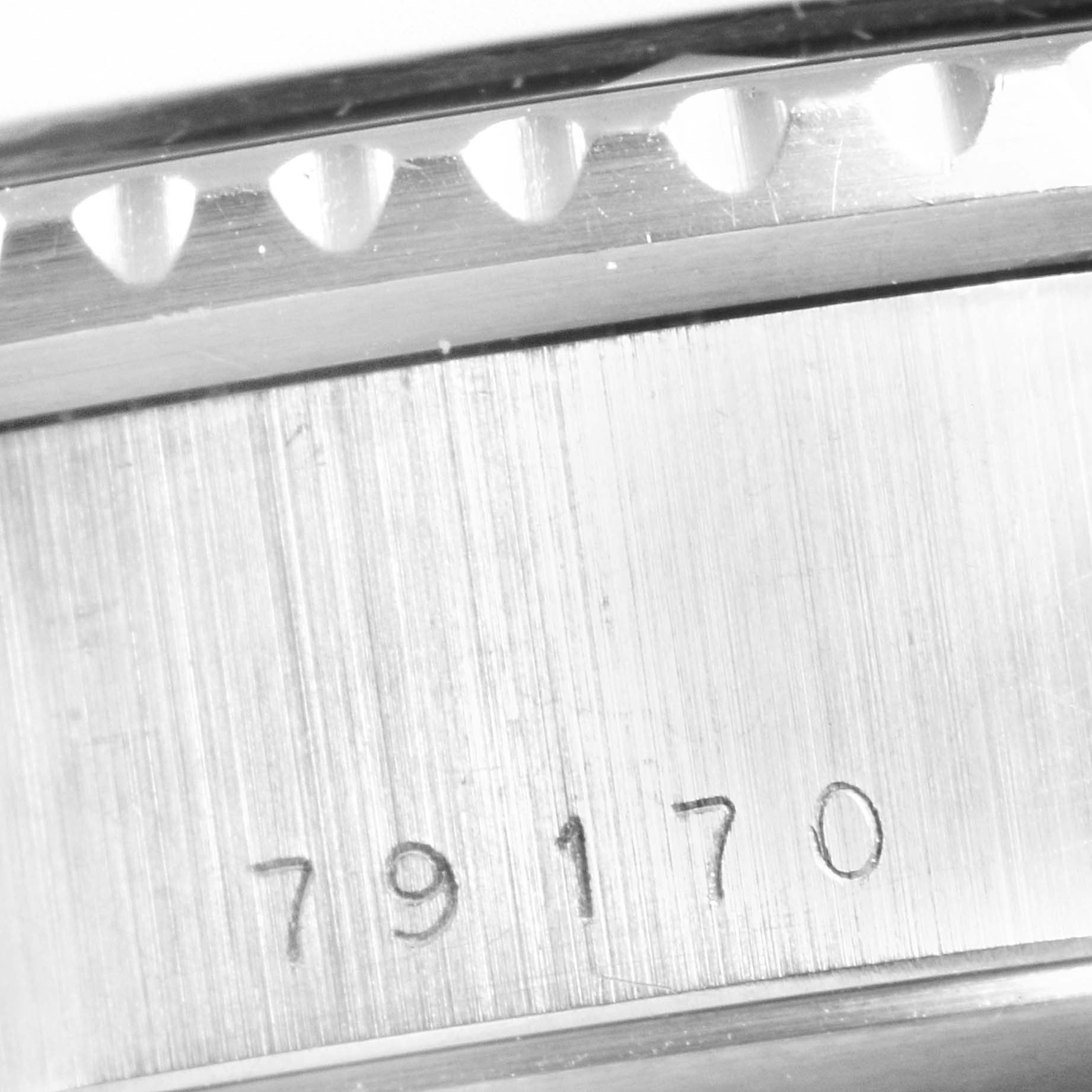 The image shows a close-up of the case side and bezel of a Tudor Big Block 79170 Men's Stainless Steel Black Dial 79170 Men's Stainless Steel Black Dial model watch, highlighting the reference number "79170".