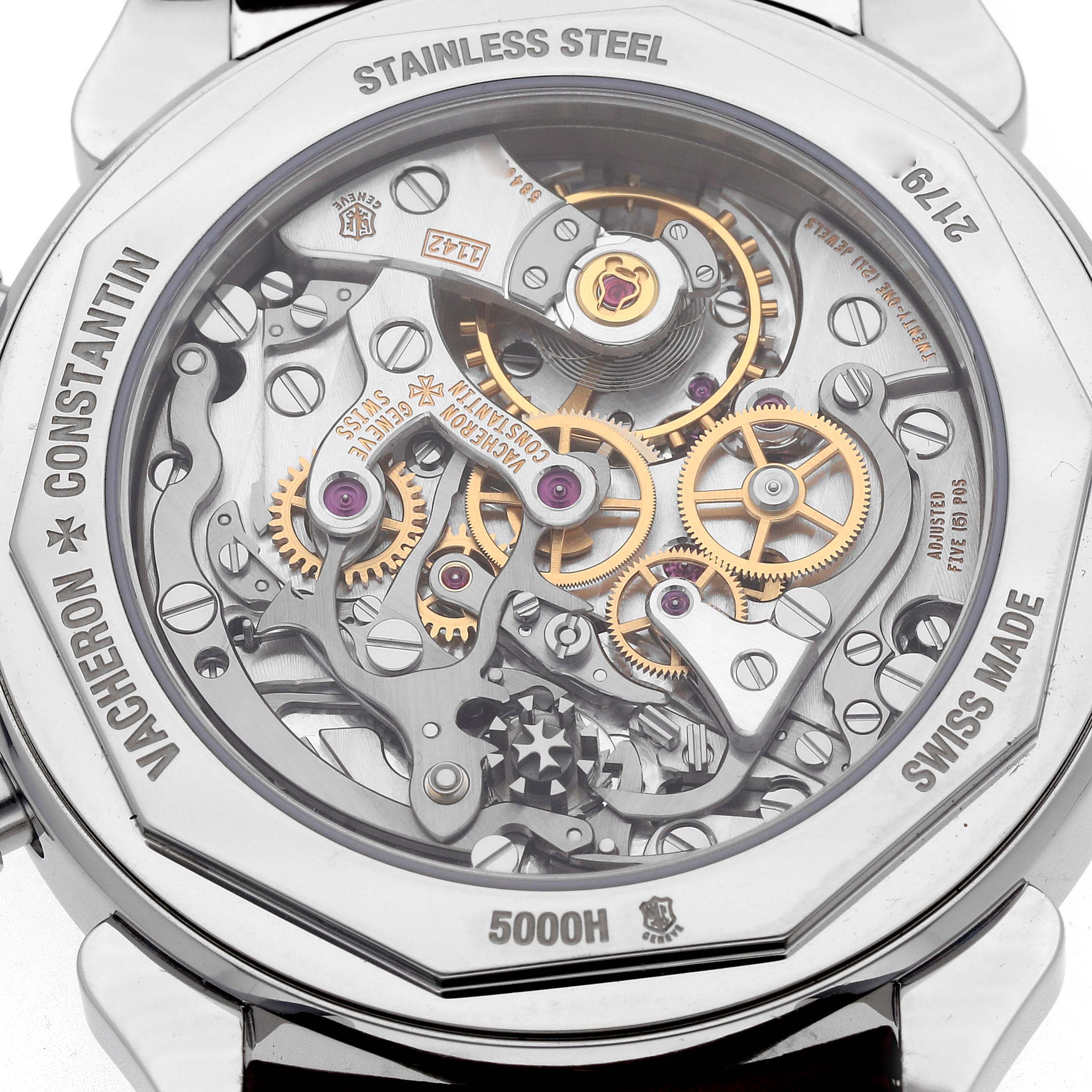 The image shows the case back of a Vacheron Constantin Historiques X50A2879 Men
s Stainless Steel Silver Dial watch, highlighting its intricate movement and gear details.