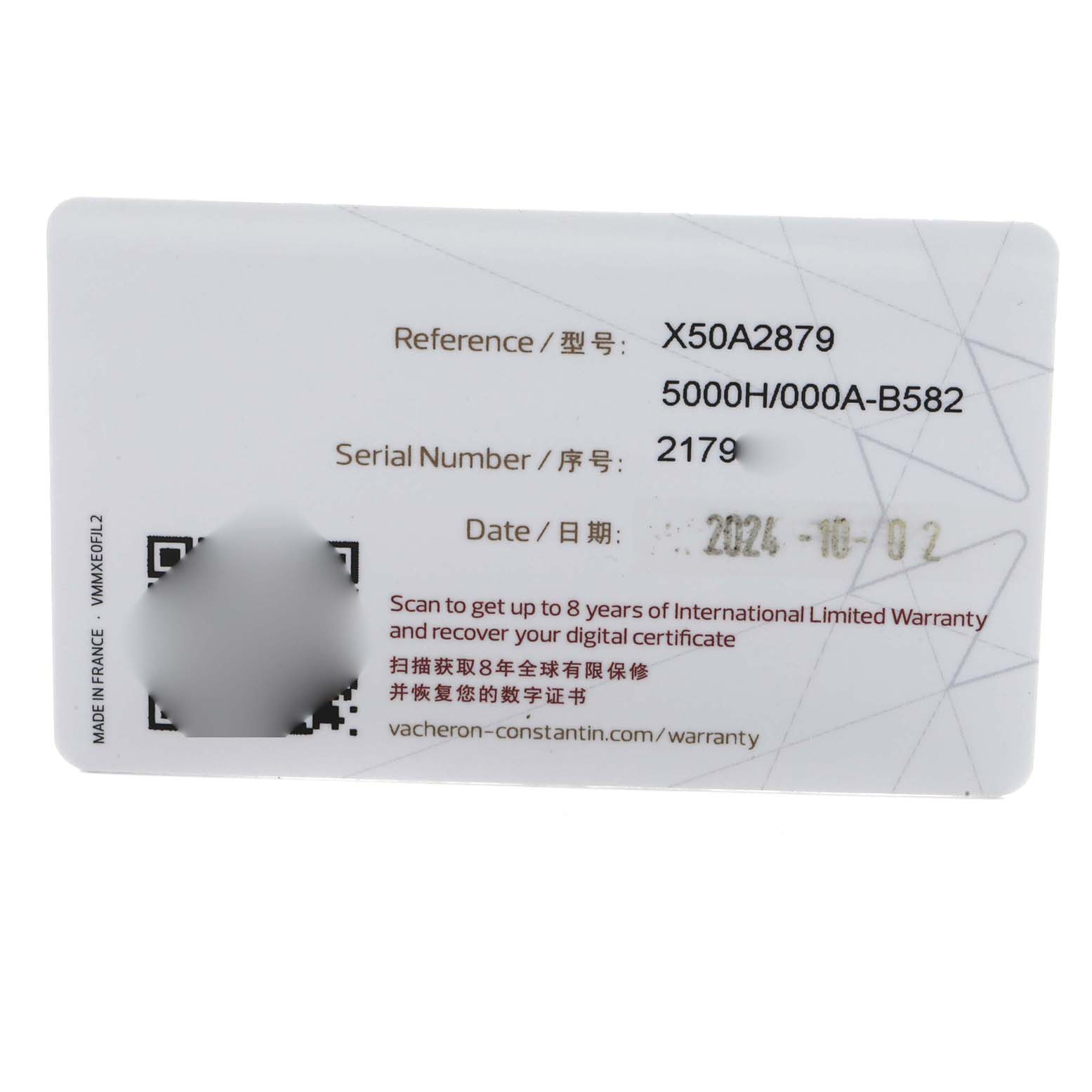 The image shows a Vacheron Constantin Historiques X50A2879 Men
s Stainless Steel Silver Dial warranty card with reference and serial numbers.