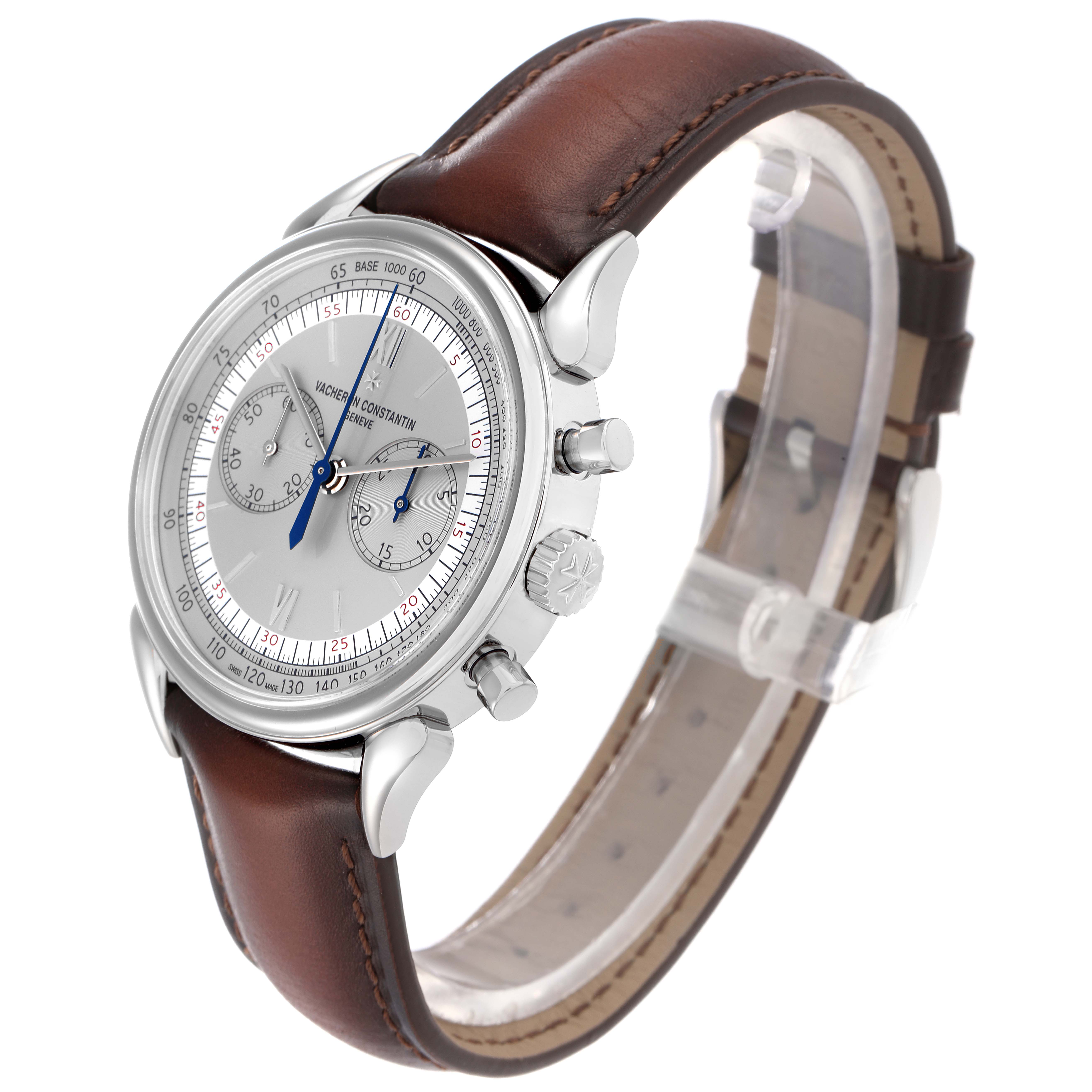 The Vacheron Constantin Historiques X50A2879 Men
s Stainless Steel Silver Dial watch is shown at a three-quarter angle, highlighting the dial, crown, pushers, and leather strap.