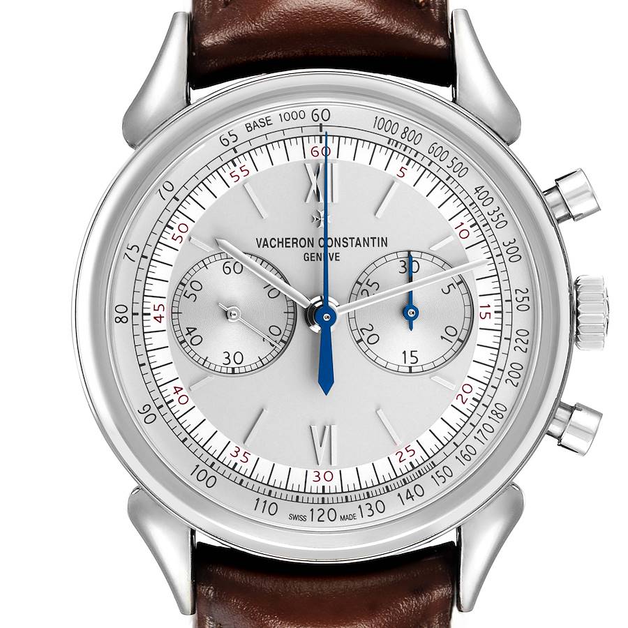 The Vacheron Constantin Historiques X50A2879 Men's Stainless Steel Silver Dial watch is shown from the front, displaying its dial, subdials, bezel, and pushers.