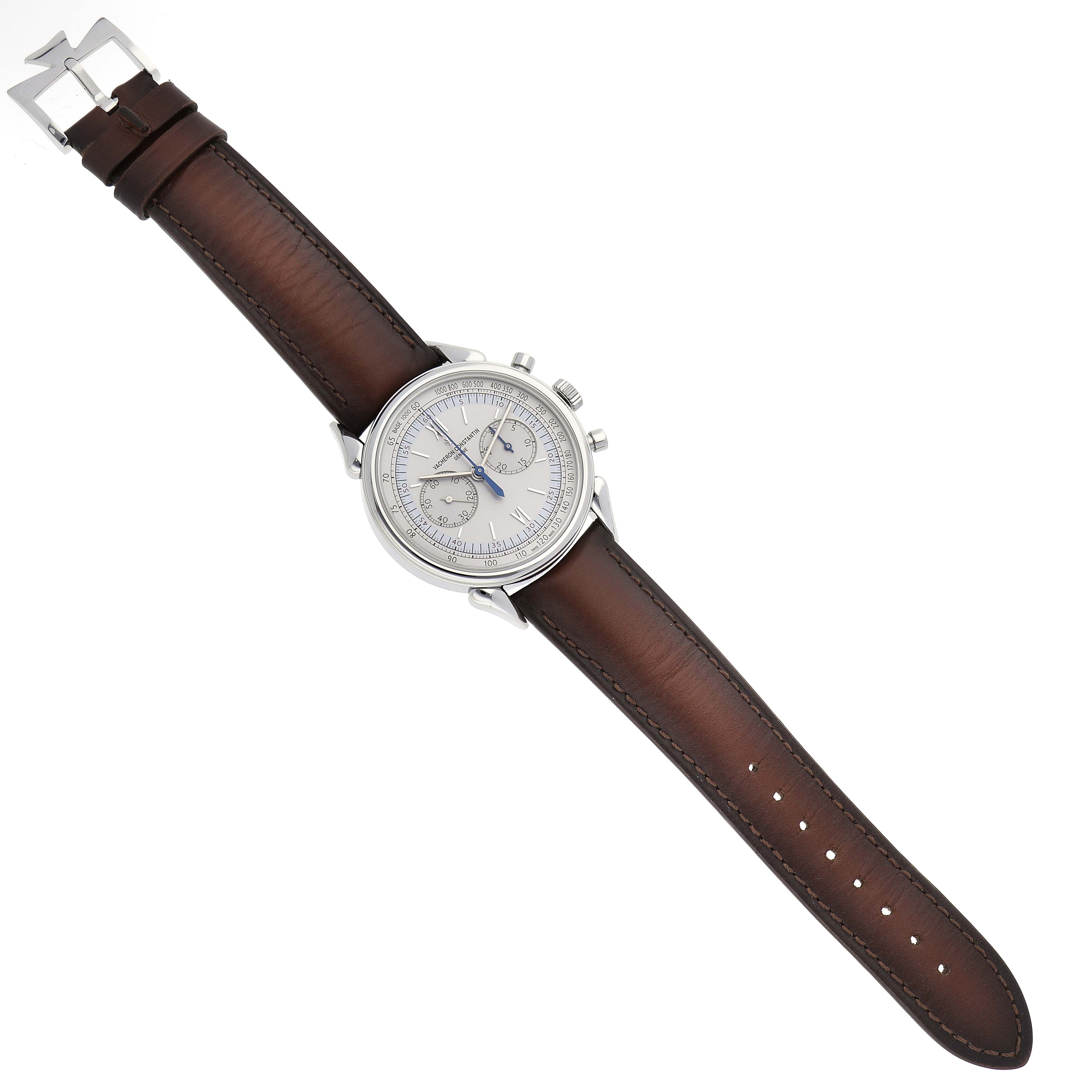 The Vacheron Constantin Historiques X50A2879 Men
s Stainless Steel Silver Dial watch is shown at a slight angle, displaying the face, case, and brown leather strap.