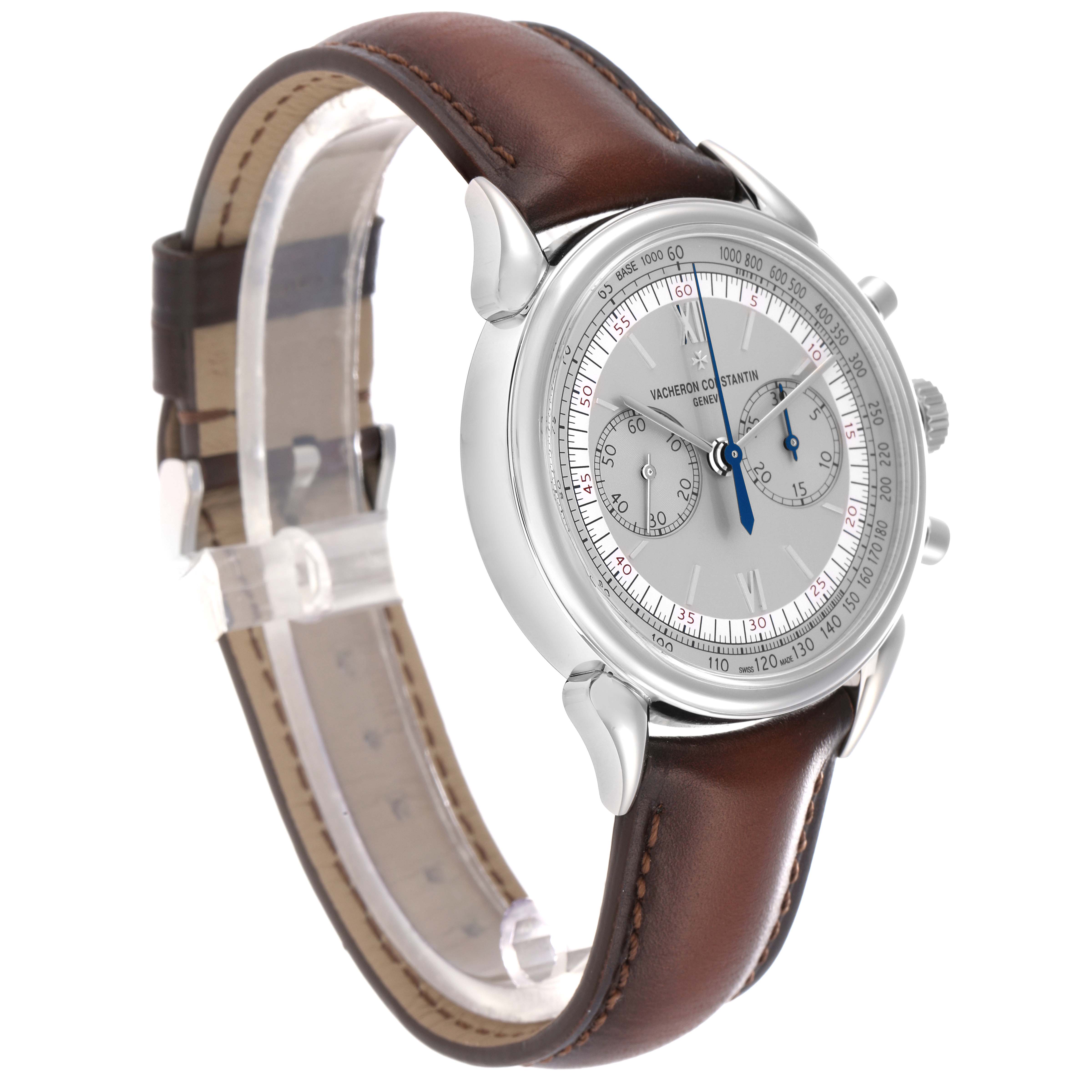 The Vacheron Constantin Historiques X50A2879 Men
s Stainless Steel Silver Dial watch is shown at an angle showcasing the face, bezel, crown, and brown leather strap.