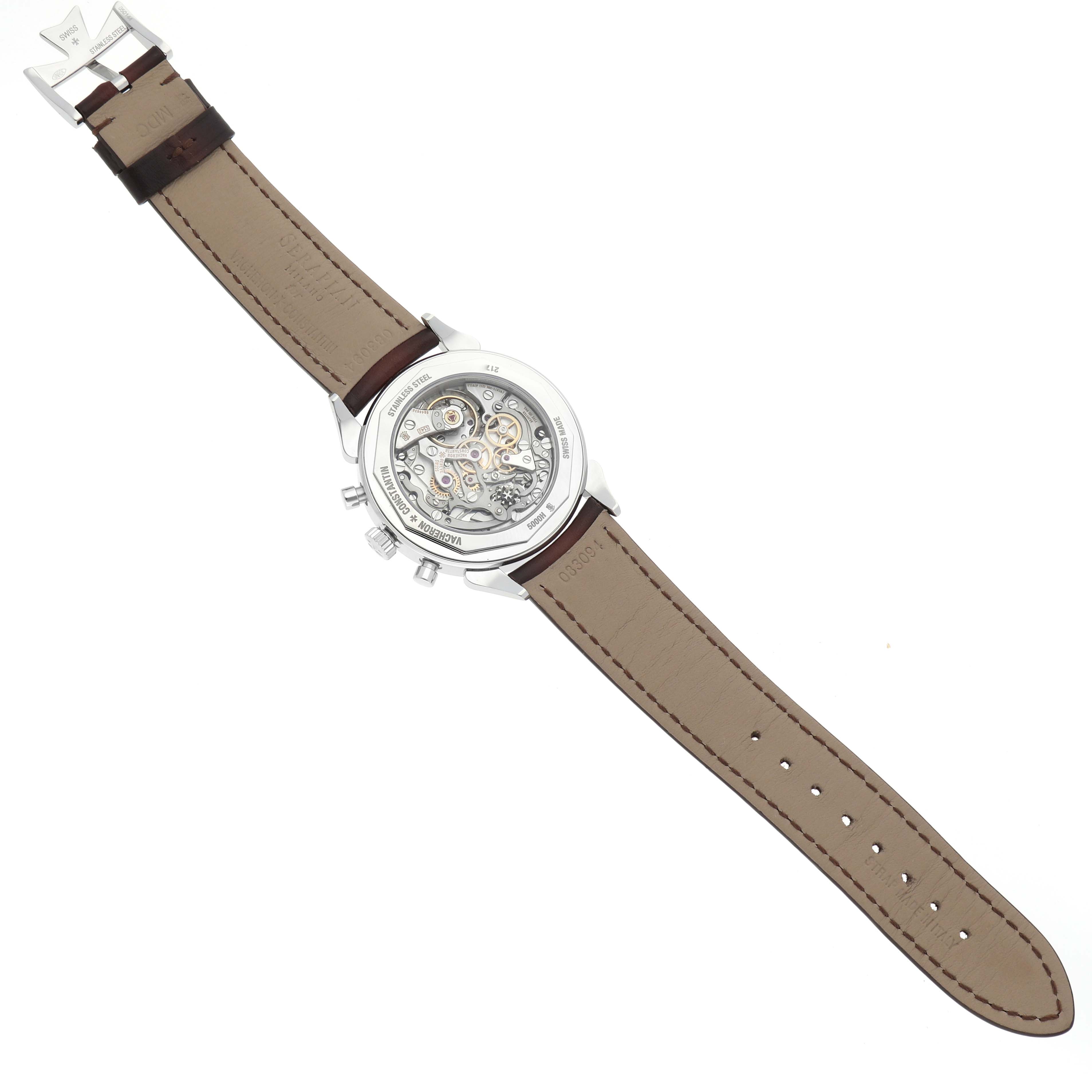 The image shows the back view of a Vacheron Constantin Historiques X50A2879 Men
s Stainless Steel Silver Dial watch, highlighting the movement and leather strap.