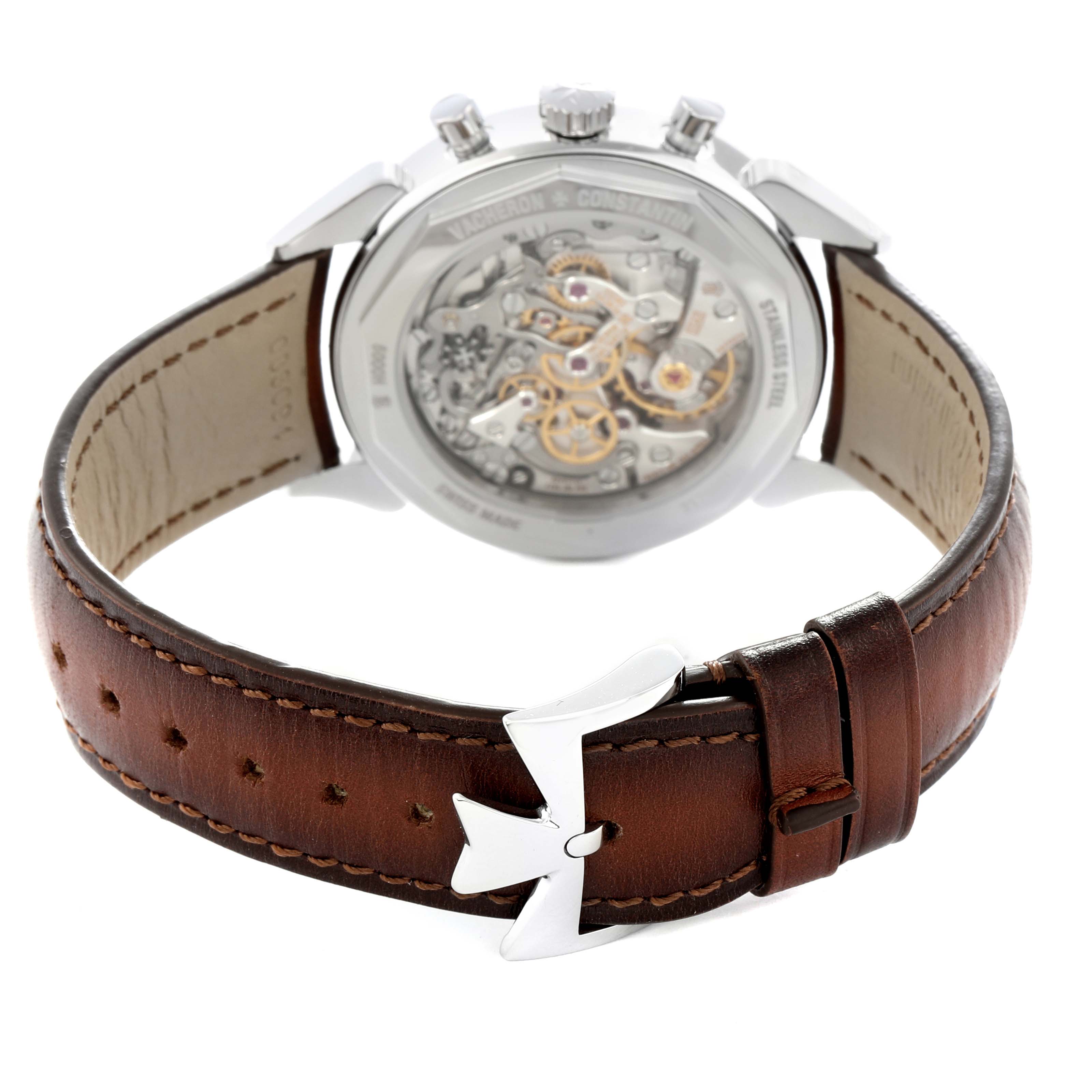 The Vacheron Constantin Historiques X50A2879 Men
s Stainless Steel Silver Dial watch is shown from the back, revealing the movement and the leather strap with its clasp.