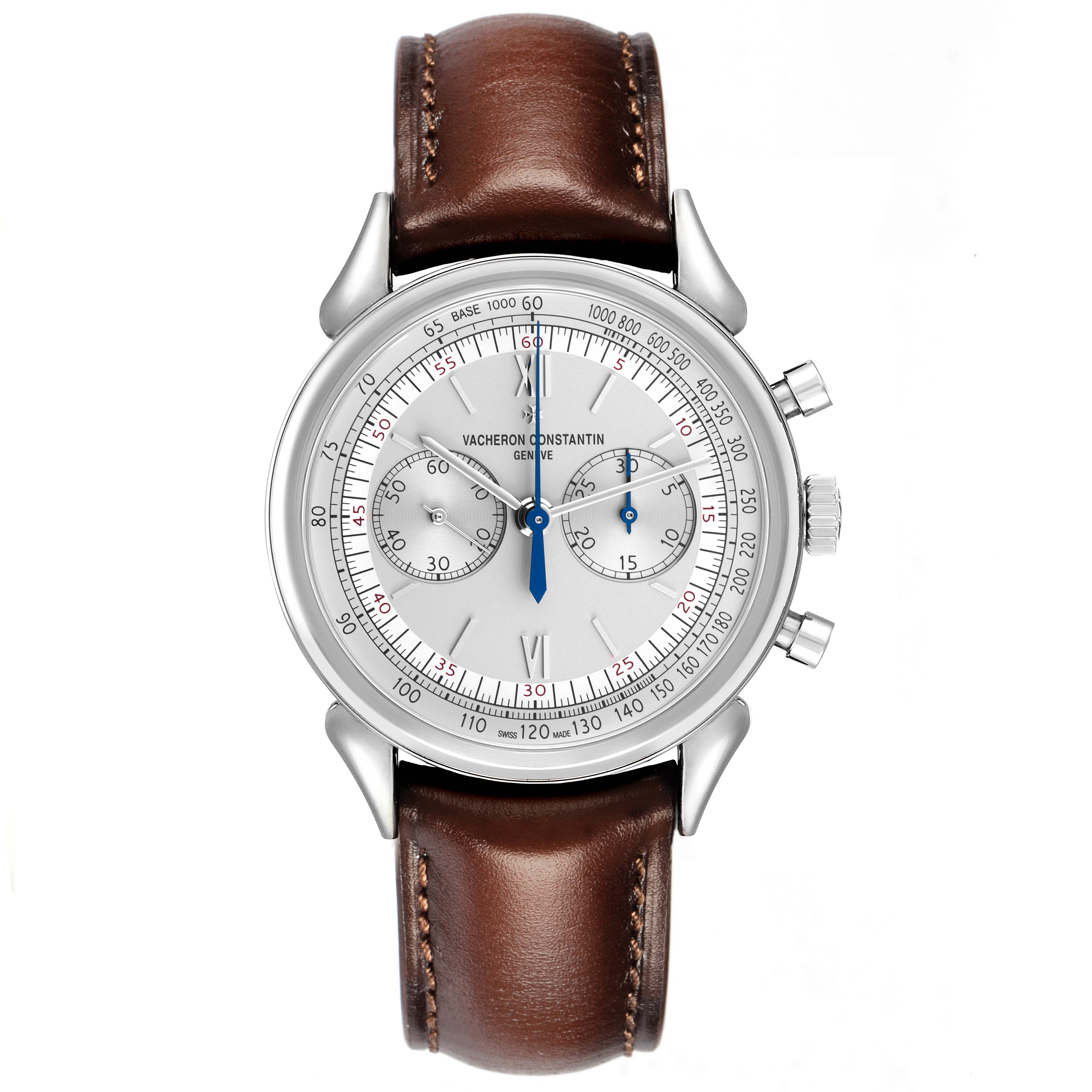 The Vacheron Constantin Historiques X50A2879 Men
s Stainless Steel Silver Dial watch is shown from a top-down angle, displaying its face, dial, and brown leather strap.