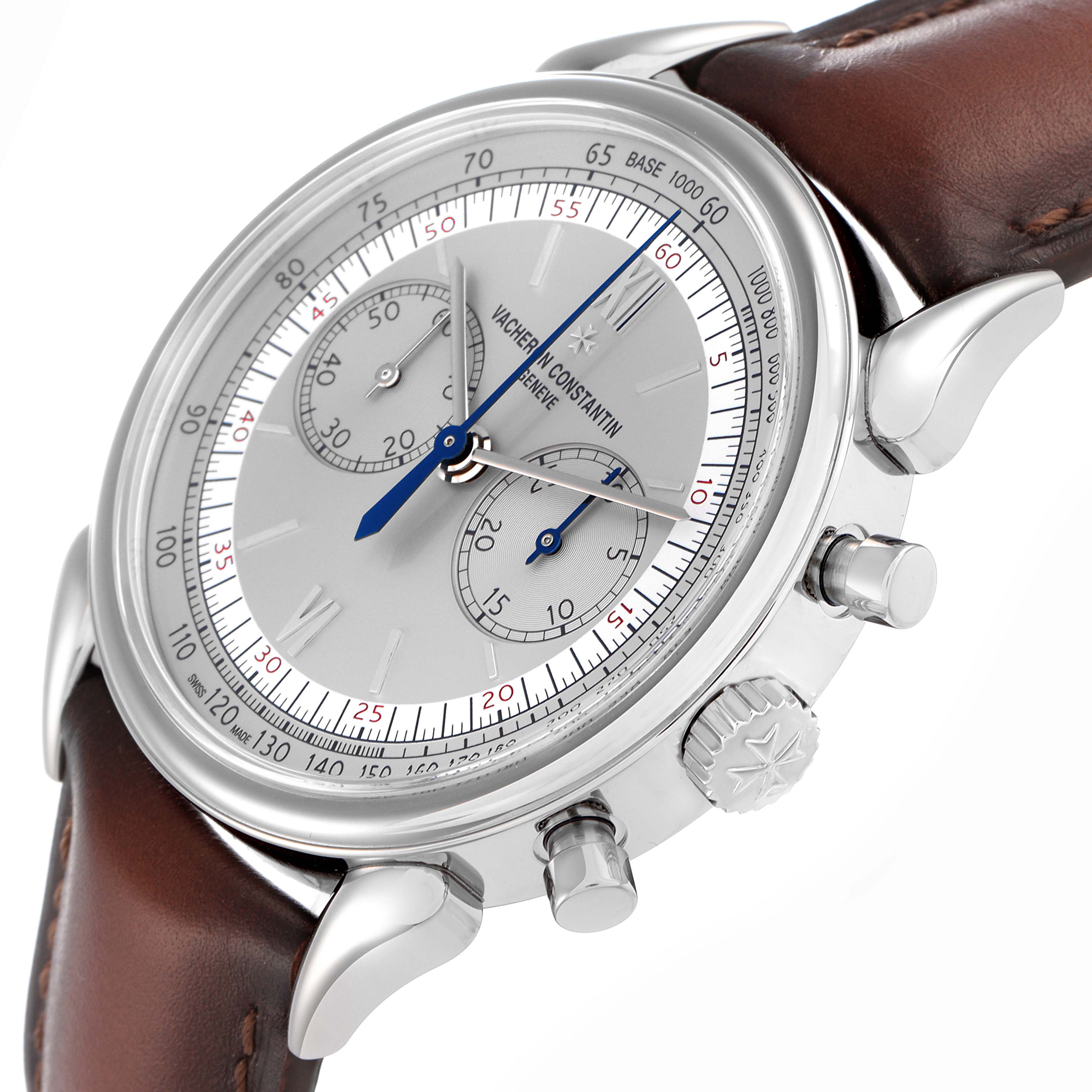 The Vacheron Constantin Historiques X50A2879 Men
s Stainless Steel Silver Dial watch is shown at a three-quarter angle, displaying the dial, chronograph subdials, crown, and pushers.