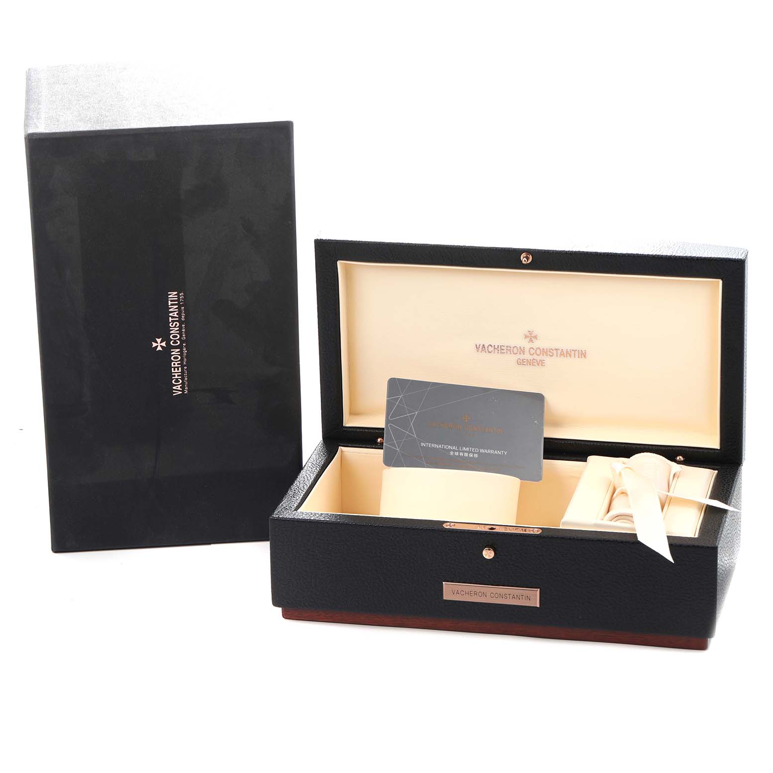 The image shows a Vacheron Constantin Historiques X50A2879 Men
s Stainless Steel Silver Dial watch box, open to display the interior, warranty card, and accessory pouch.