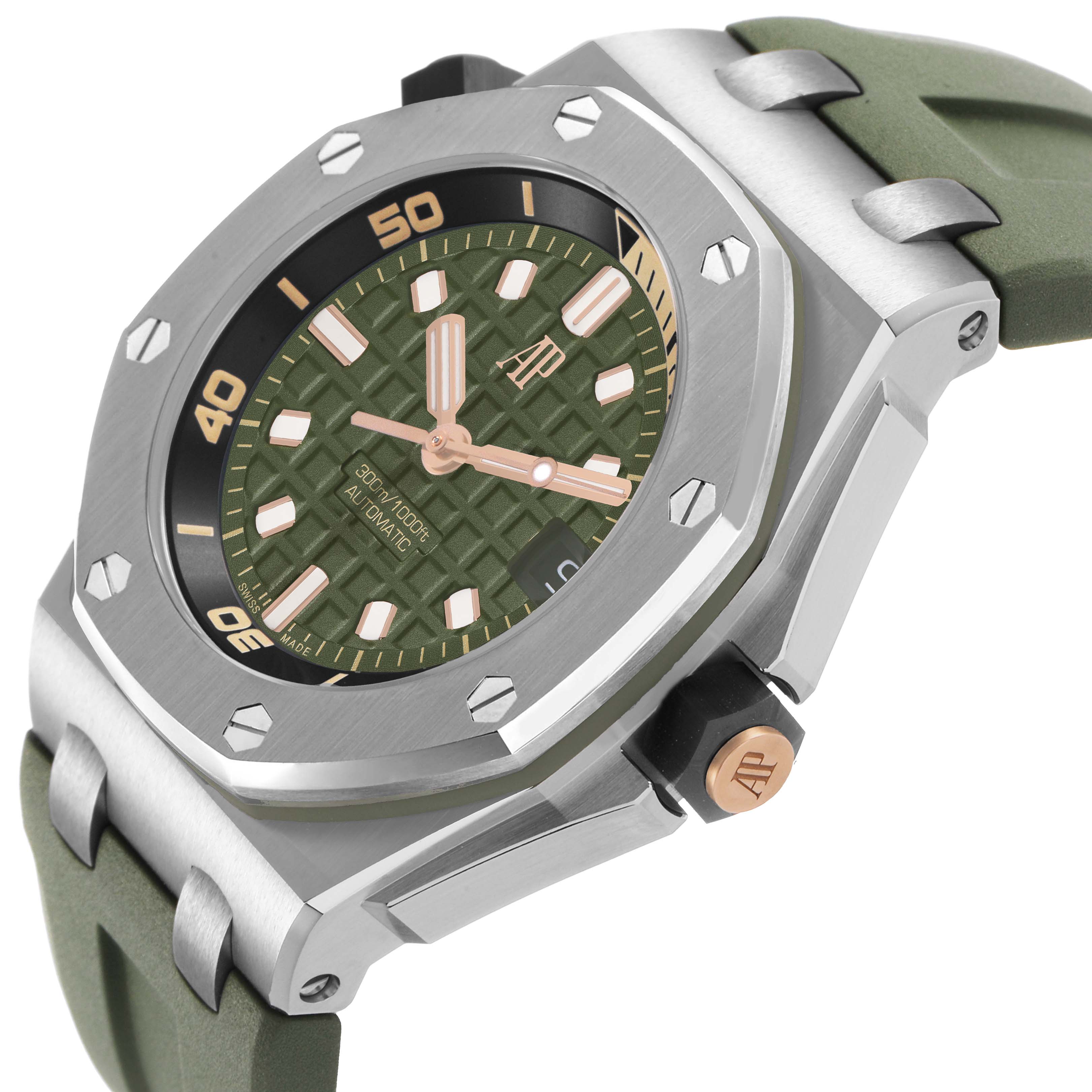 The Audemars Piguet Royal Oak Offshore 15720ST.OO.A052CA.01 Men's Stainless Steel Green Dial is shown at a side angle, highlighting the bezel, dial, and green strap.