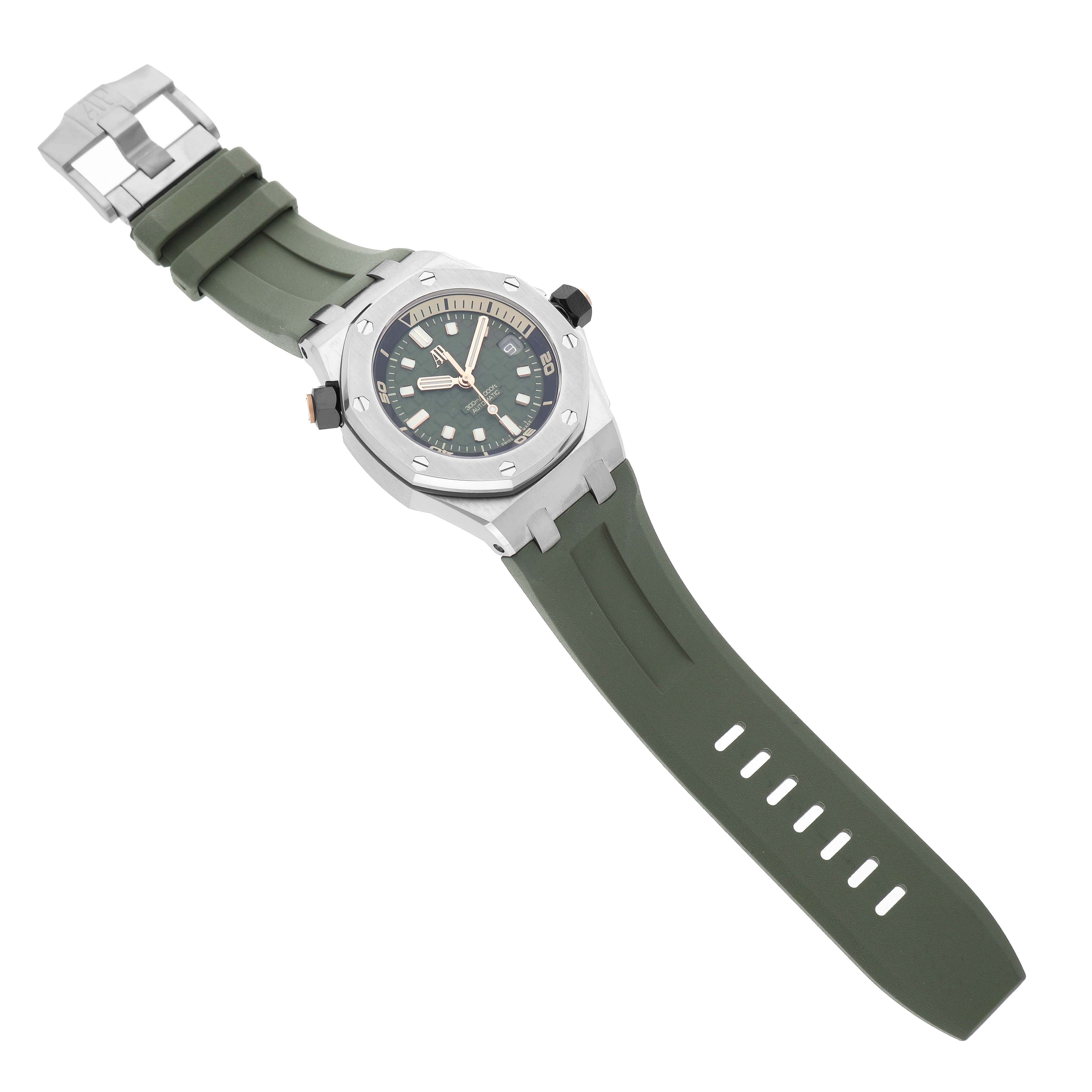 The Audemars Piguet Royal Oak Offshore 15720ST.OO.A052CA.01 Men's Stainless Steel Green Dial watch is shown at an oblique angle, highlighting its dial, bezel, and green strap.