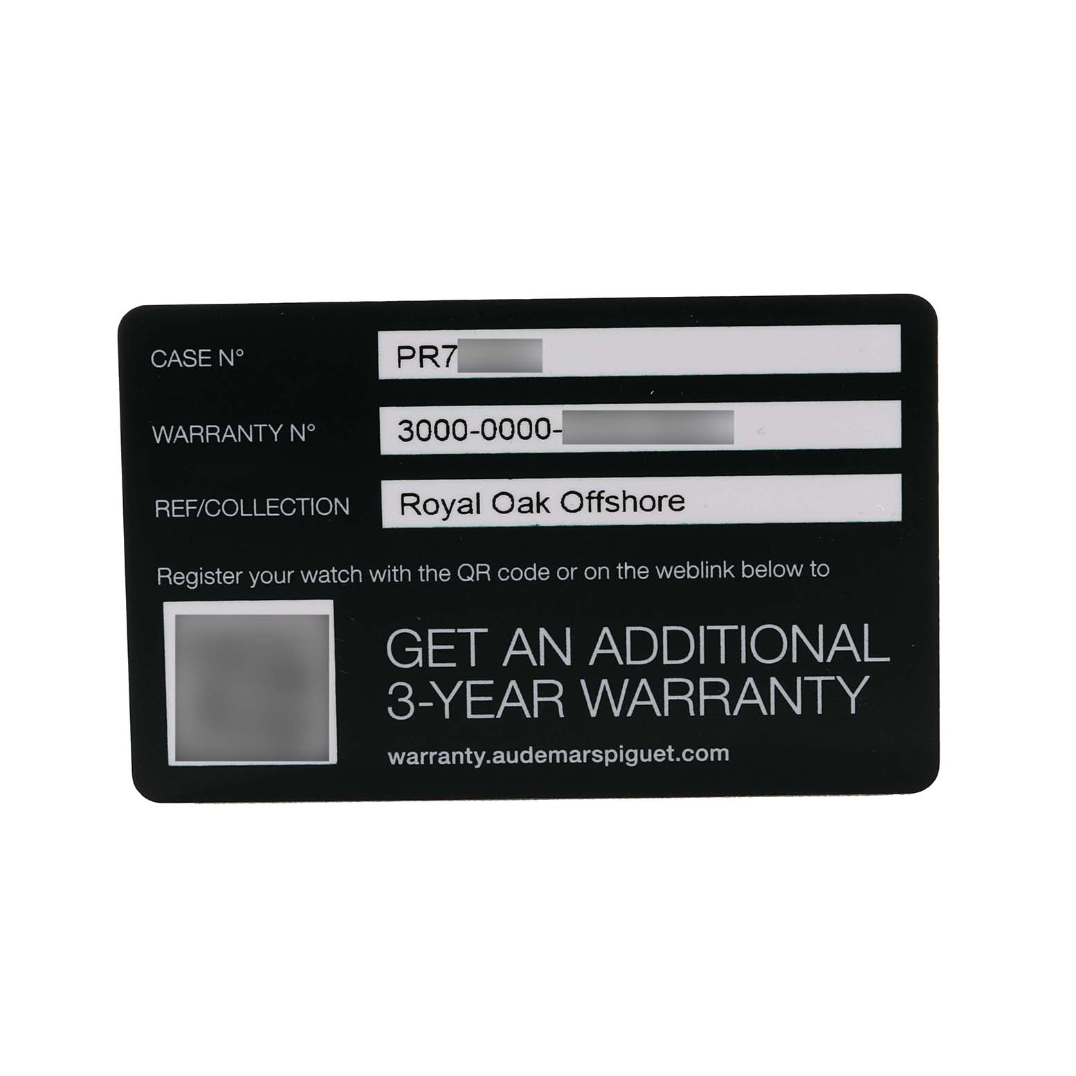 The image shows a warranty card for the Audemars Piguet Royal Oak Offshore 15720ST.OO.A052CA.01 Men's Stainless Steel Green Dial model, featuring case and warranty numbers.