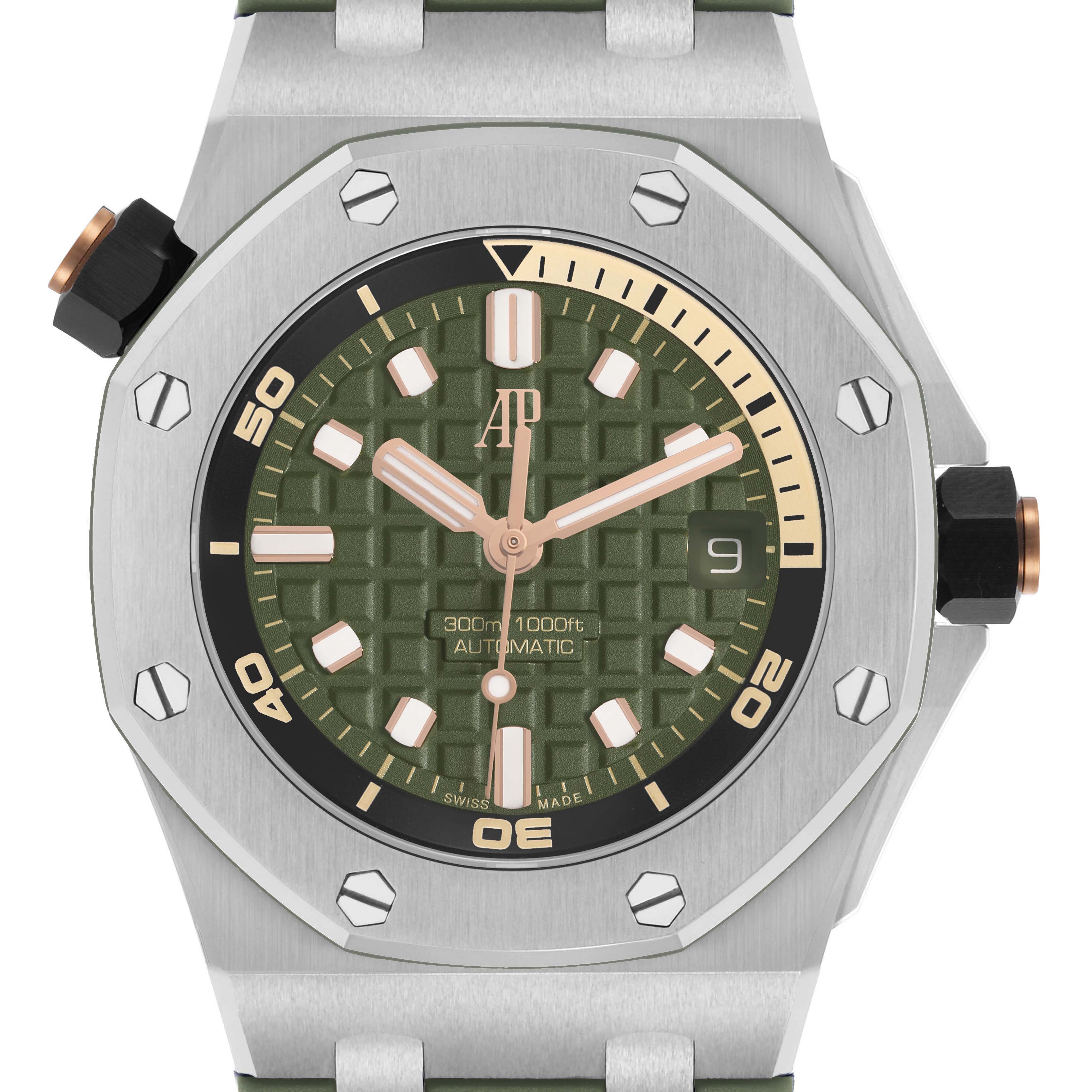 The image shows a front view of the Audemars Piguet Royal Oak Offshore 15720ST.OO.A052CA.01 Men's Stainless Steel Green Dial, highlighting the dial, bezel, and crown.
