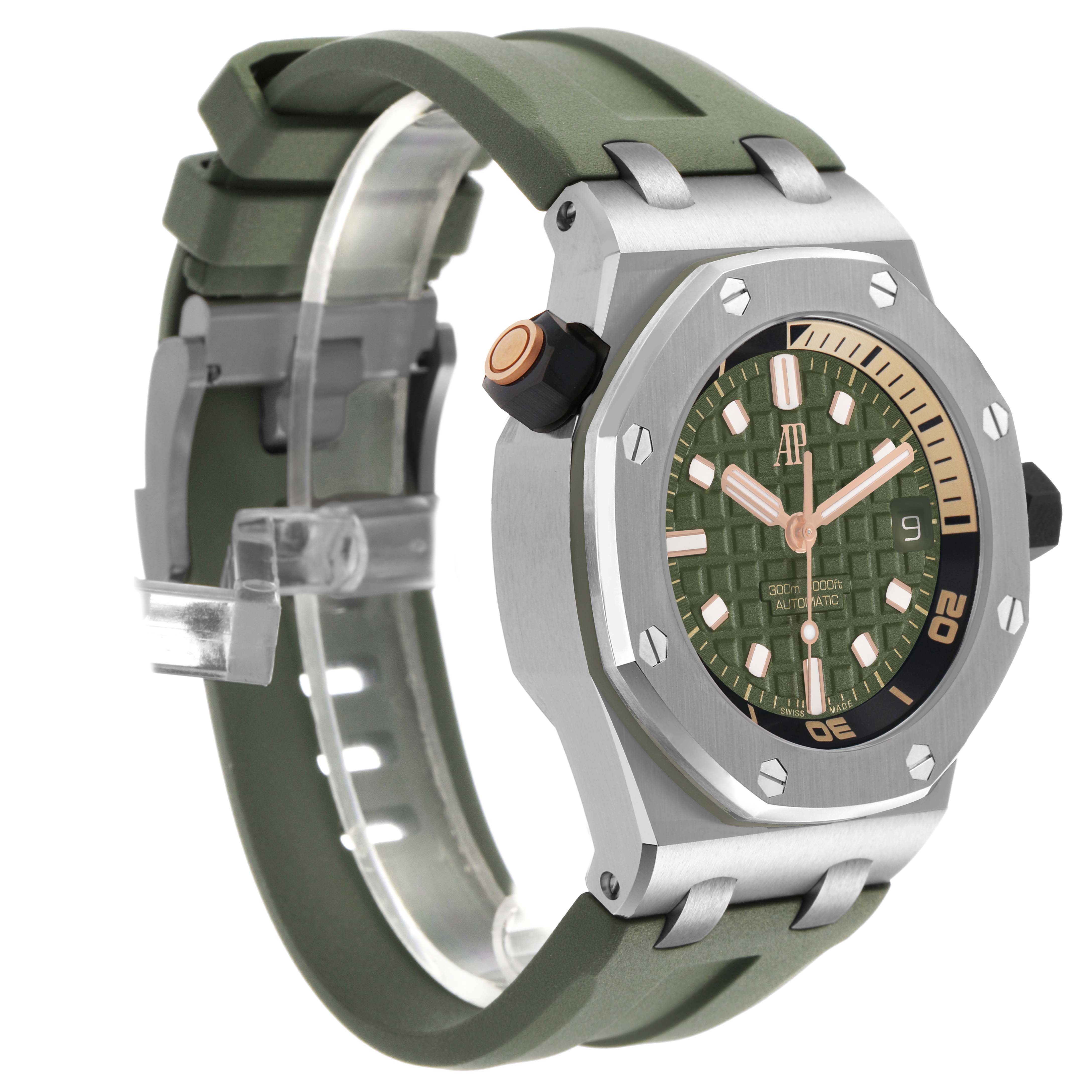 The Audemars Piguet Royal Oak Offshore 15720ST.OO.A052CA.01 Men's Stainless Steel Green Dial watch is shown at a 3/4 angle, highlighting the dial, bezel, and strap.