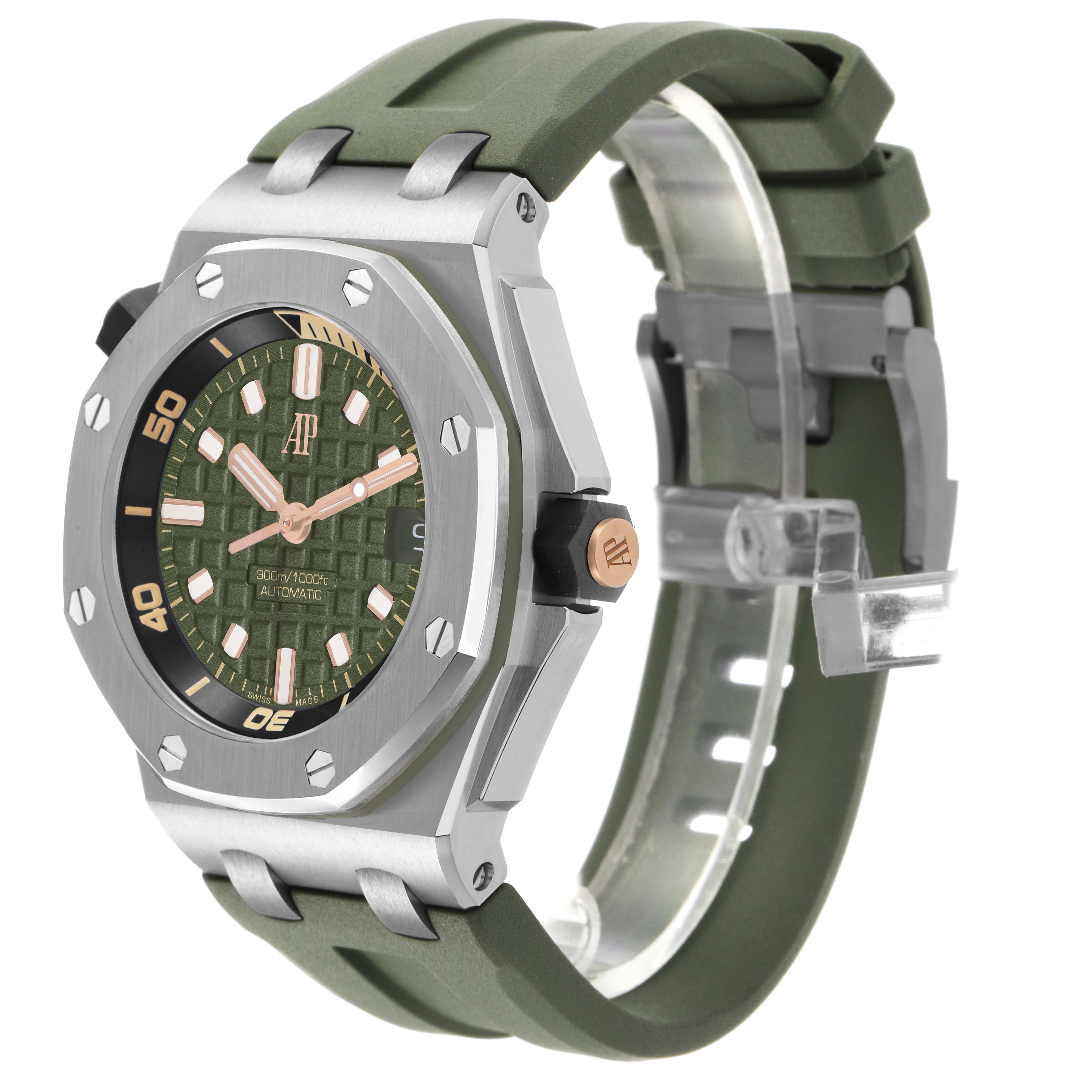 The Audemars Piguet Royal Oak Offshore 15720ST.OO.A052CA.01 Men's Stainless Steel Green Dial watch is shown at a three-quarter angle, displaying its green dial, bezel, and strap.