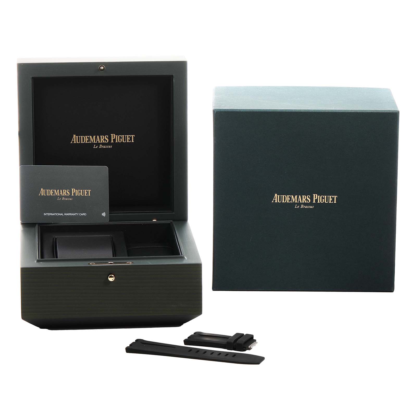 The image shows an Audemars Piguet Royal Oak Offshore 15720ST.OO.A052CA.01 Men's Stainless Steel Green Dial watch box, warranty card, and additional straps from the front angle.