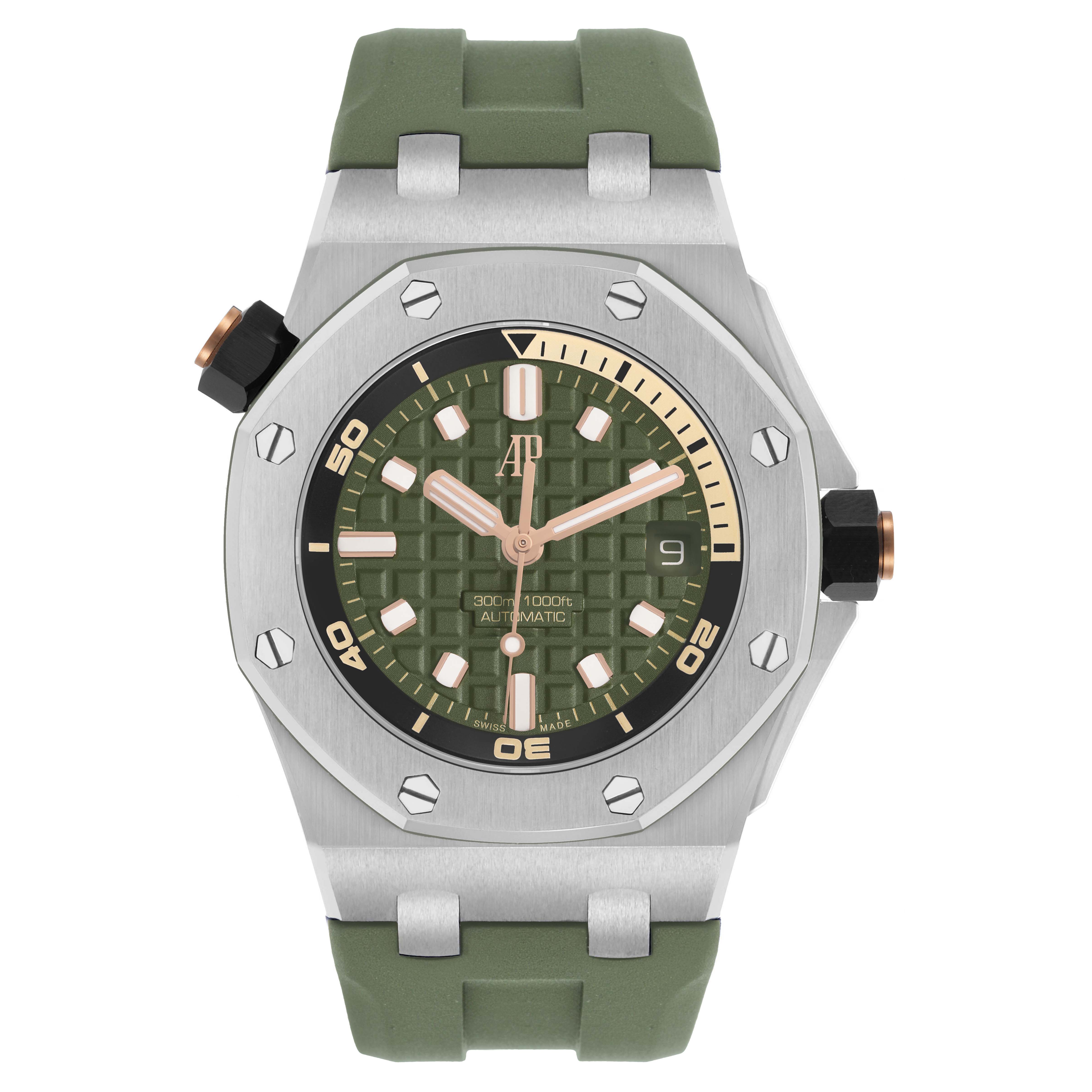 The Audemars Piguet Royal Oak Offshore 15720ST.OO.A052CA.01 Men's Stainless Steel Green Dial watch is shown from the front, displaying its face, bezel, and strap.