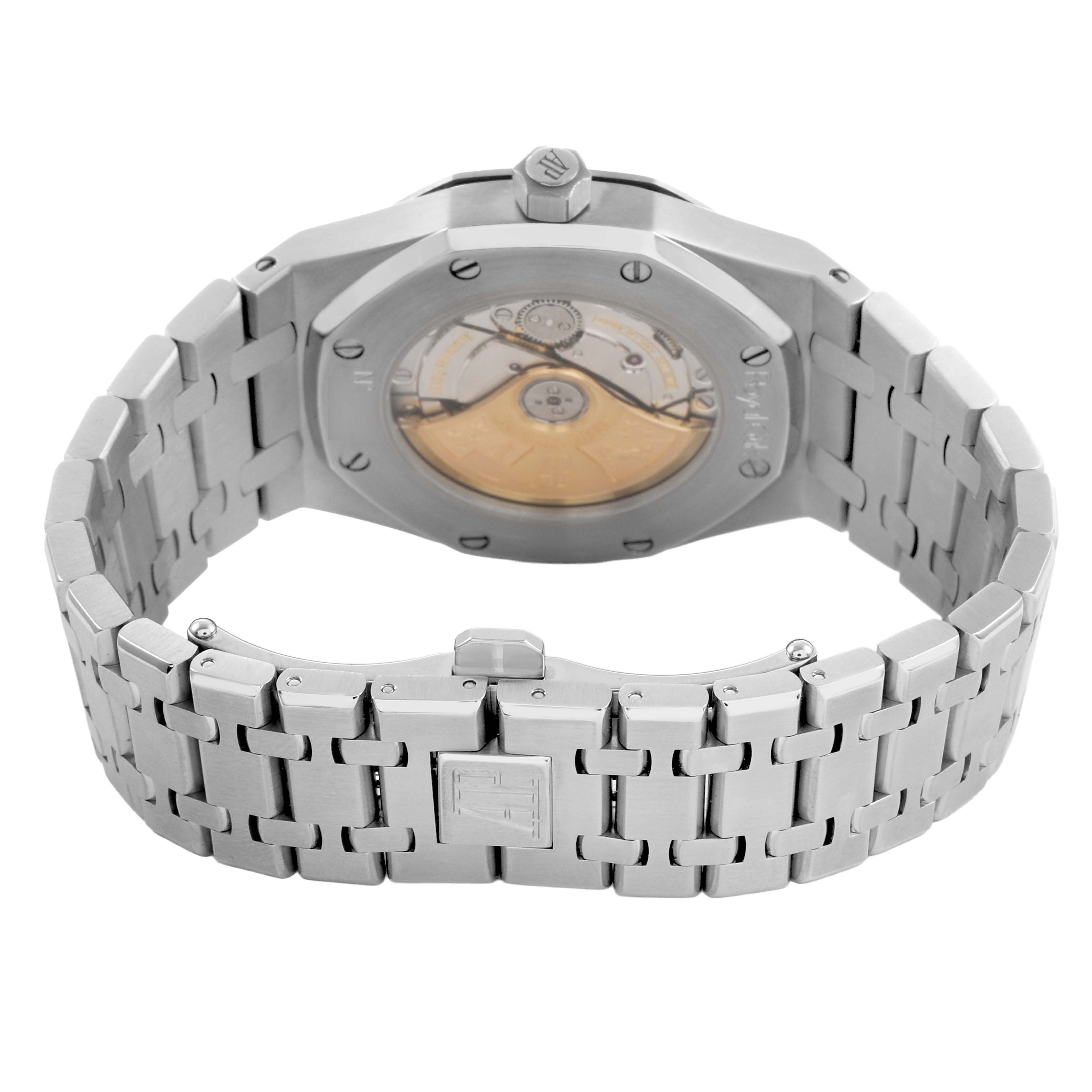 The image shows the back view of the Audemars Piguet Royal Oak 83220 Men's Stainless Steel Blue Dial, featuring the clasp and partially visible movement.