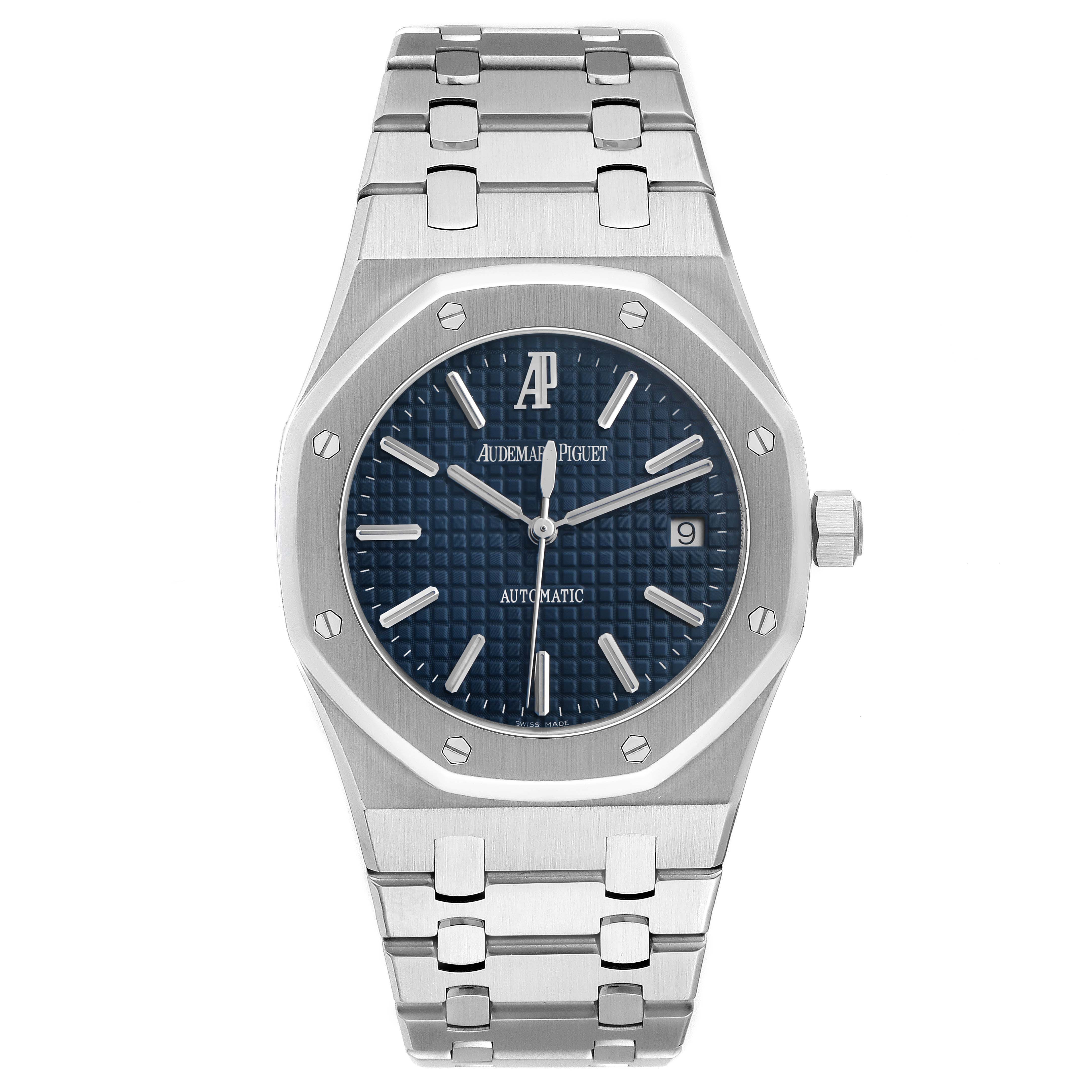 The Audemars Piguet Royal Oak 83220 Men's Stainless Steel Blue Dial watch is shown from a front angle, displaying the face, bezel, bracelet, and crown.