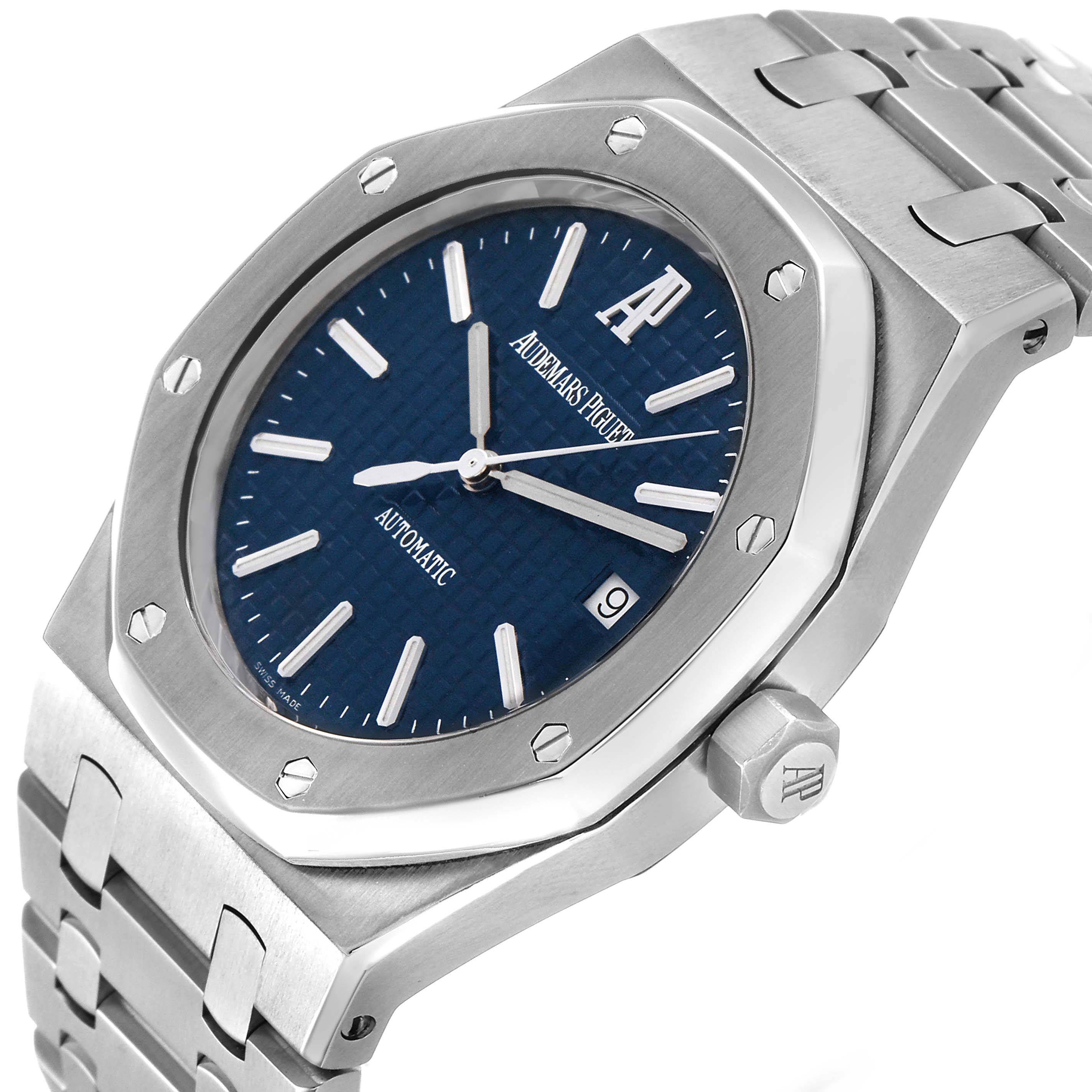 The Audemars Piguet Royal Oak 83220 Men's Stainless Steel Blue Dial is shown at an angled view, highlighting its blue dial, octagonal bezel, and metal bracelet.