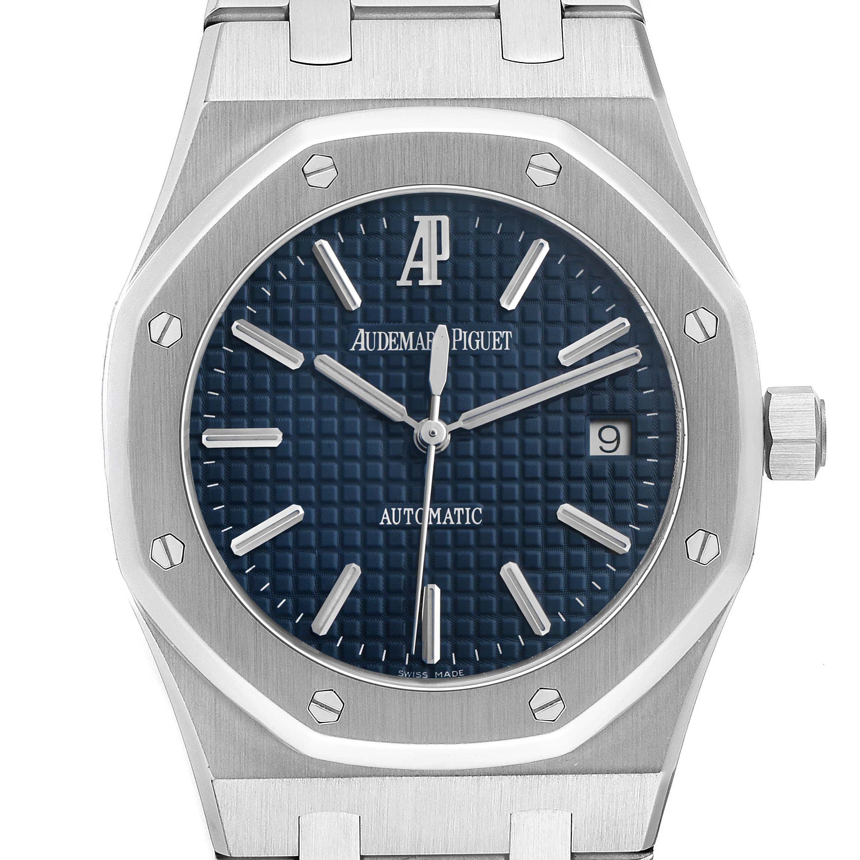 The image shows a front view of the Audemars Piguet Royal Oak 83220 Men's Stainless Steel Blue Dial, highlighting the blue dial, bezel, and bracelet.