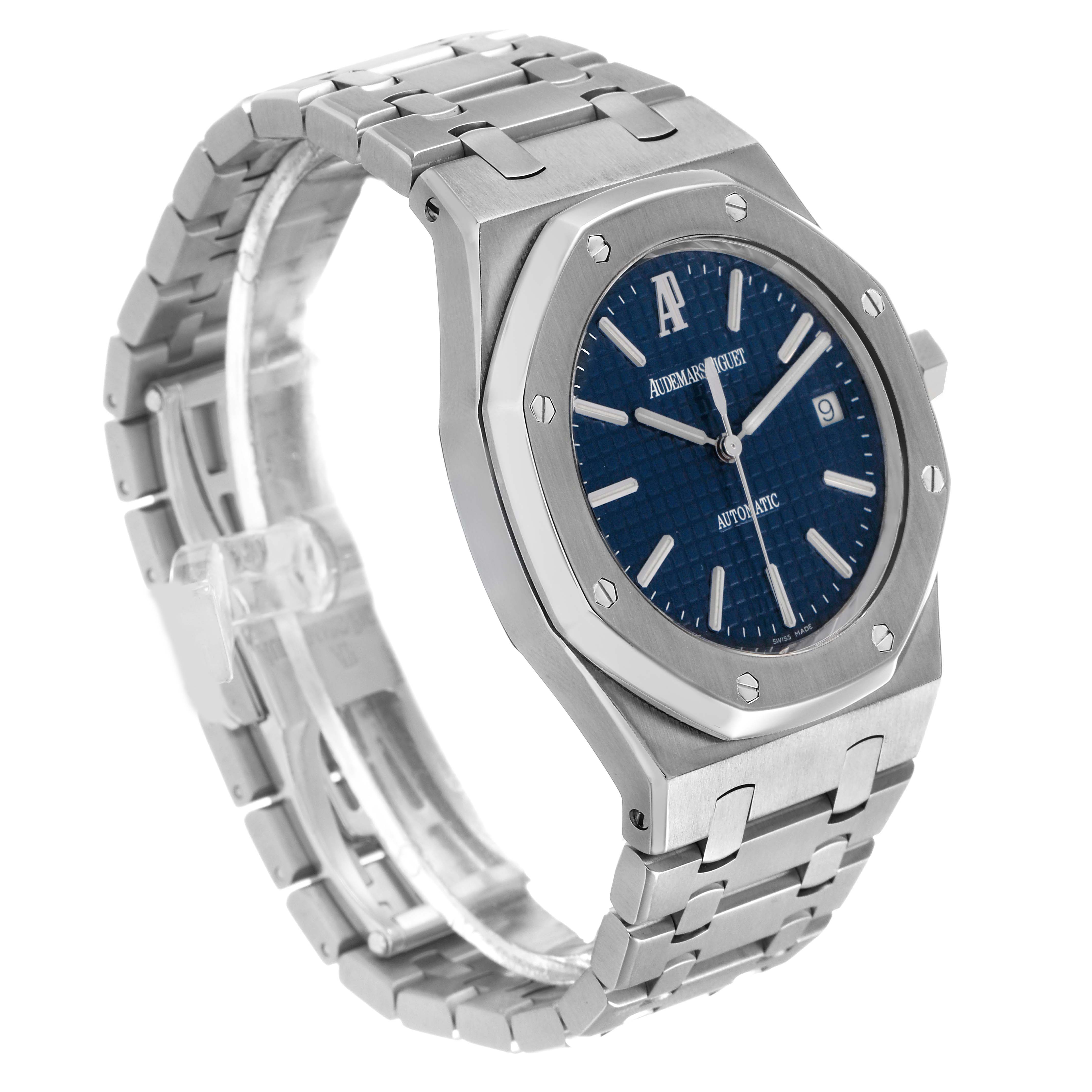 The image shows an angled view of the Audemars Piguet Royal Oak 83220 Men's Stainless Steel Blue Dial, highlighting its bracelet, octagonal bezel, and blue dial.
