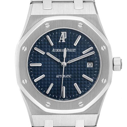 The image shows a front view of the Audemars Piguet Royal Oak 83220 Men's Stainless Steel Blue Dial watch, highlighting its blue dial, hour markers, and date display.