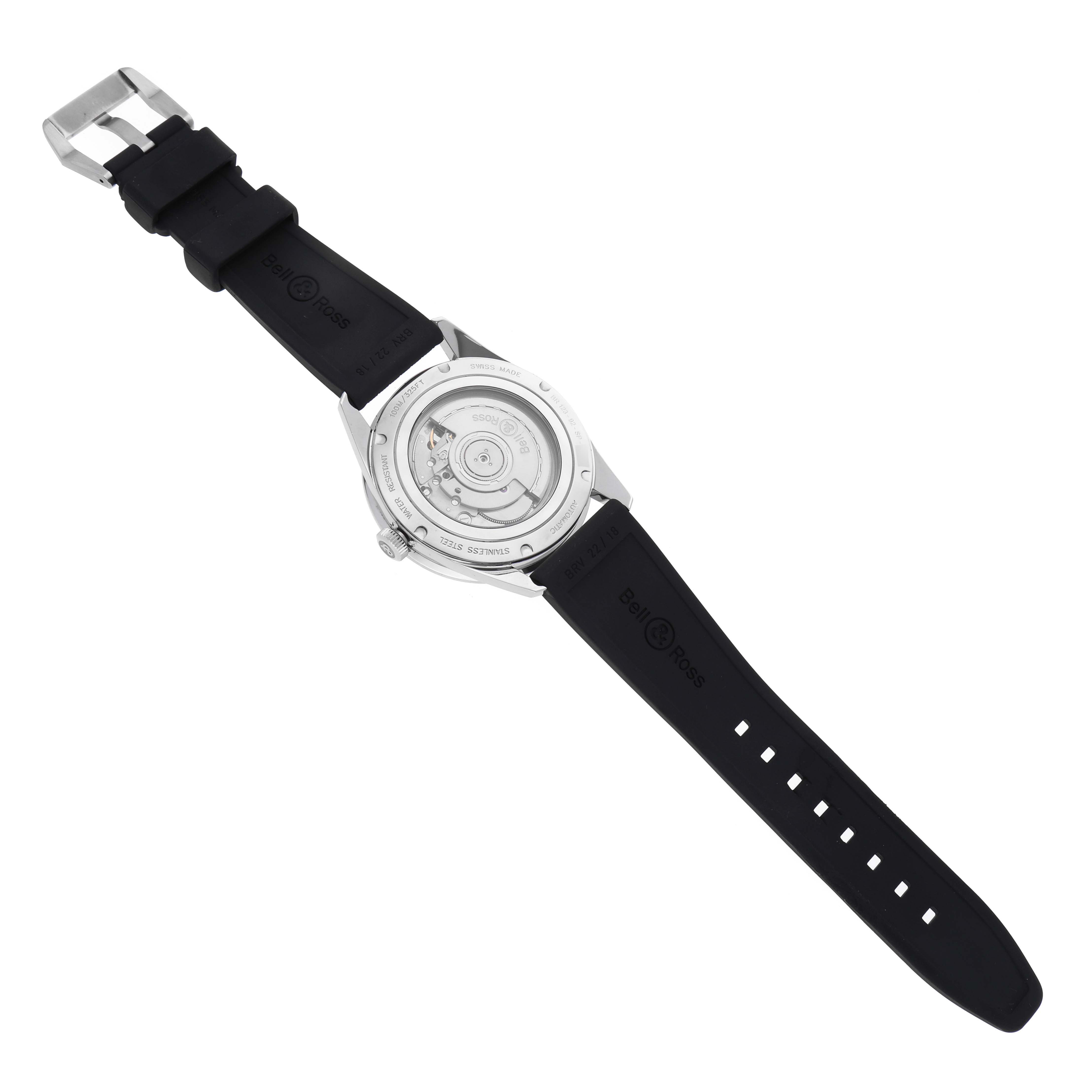 The image shows the back view of the Bell 
Ross Heritage BR 123-92-SP Men
s Stainless Steel Black Dial BR 123-92-SP Men
s Stainless Steel Black Dial model watch, highlighting its transparent case back and black strap.