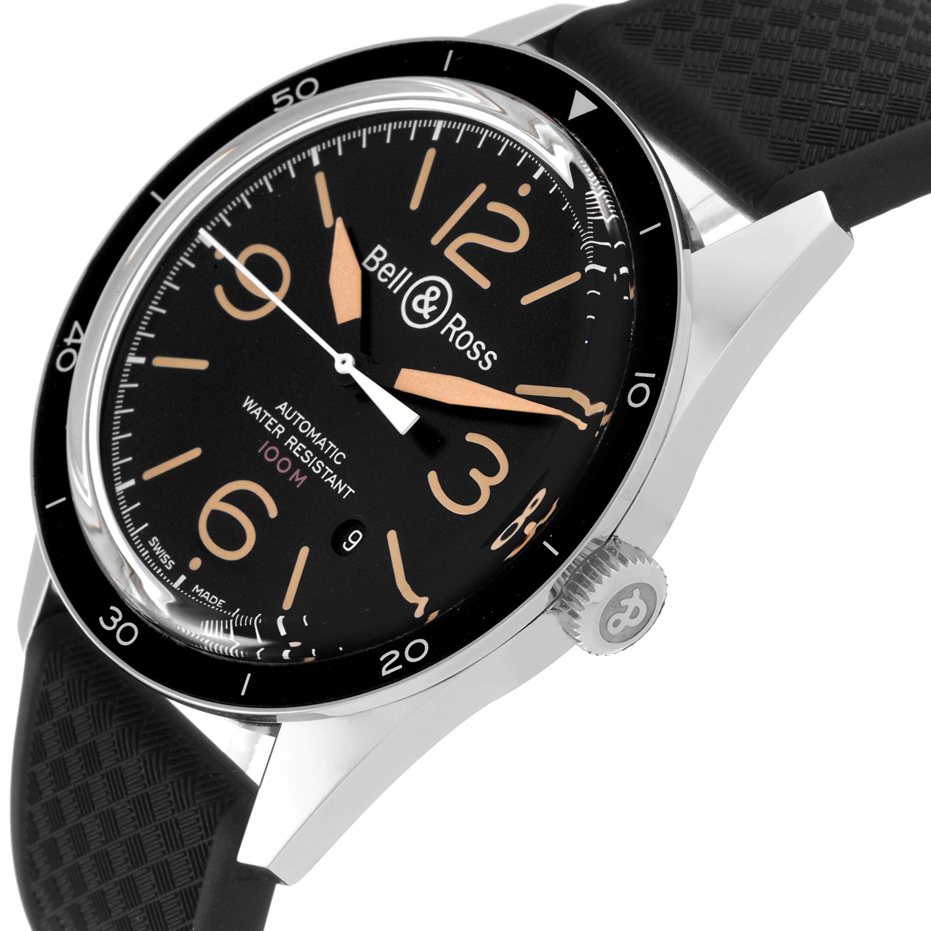 The image shows a side and angled view of the Bell 
Ross Heritage BR 123-92-SP Men
s Stainless Steel Black Dial BR 123-92-SP Men
s Stainless Steel Black Dial model, revealing its dial, bezel, and crown.