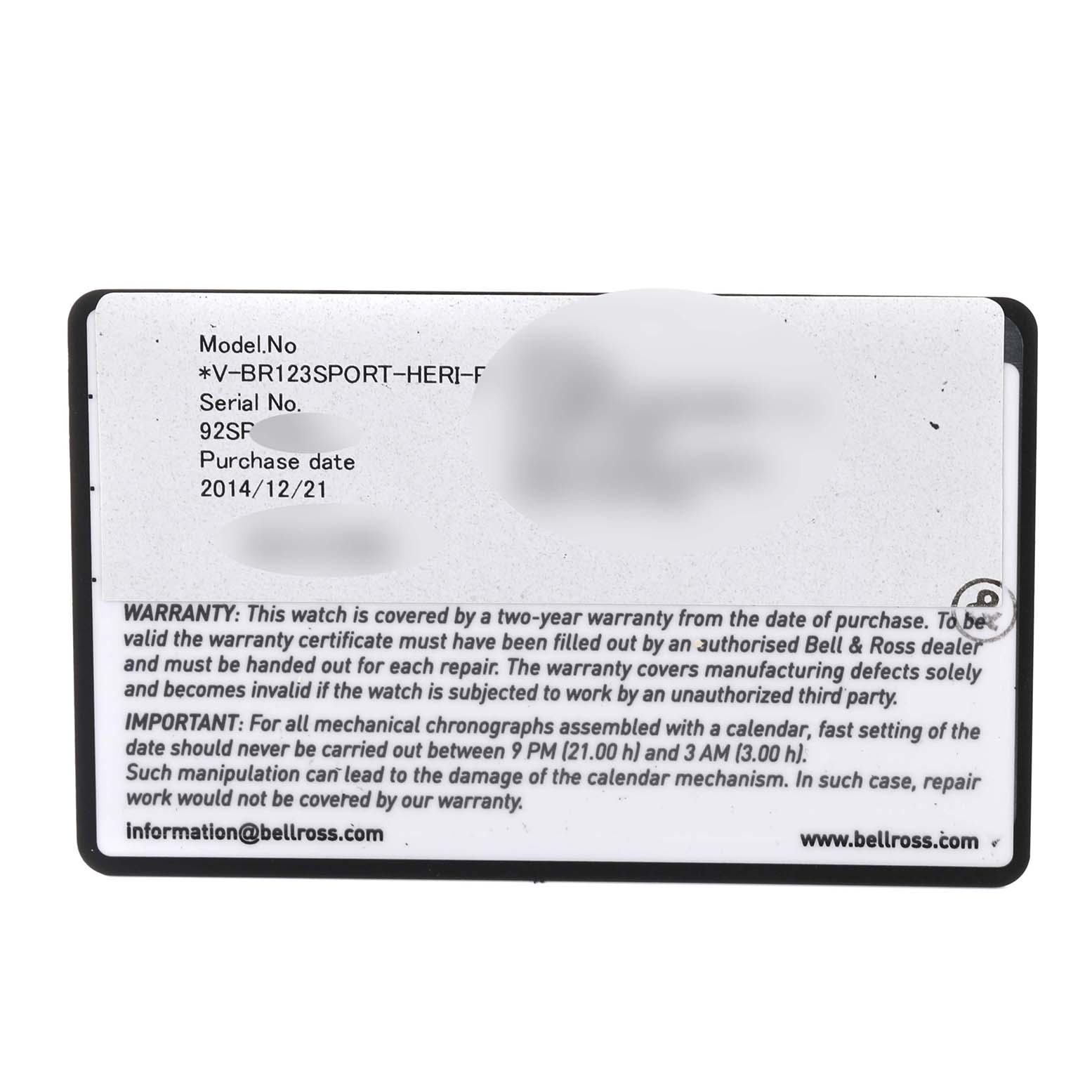 The image shows the warranty card for the Bell 
Ross Heritage BR 123-92-SP Men
s Stainless Steel Black Dial BR 123-92-SP Men
s Stainless Steel Black Dial model BR123SPORT.