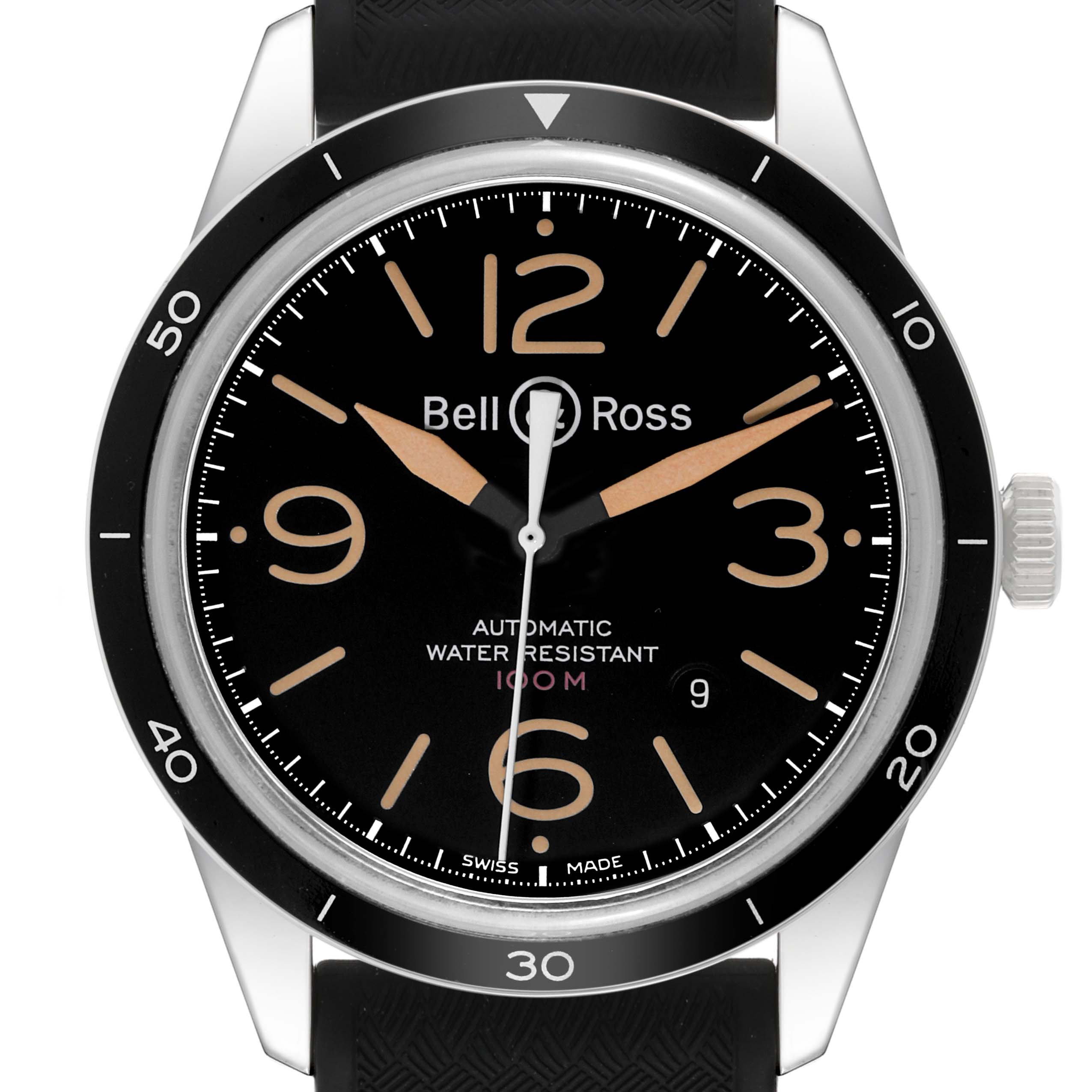 The image shows a front view of the Bell 
Ross Heritage BR 123-92-SP Men
s Stainless Steel Black Dial BR 123-92-SP Men
s Stainless Steel Black Dial model watch, highlighting its dial, bezel, and crown.