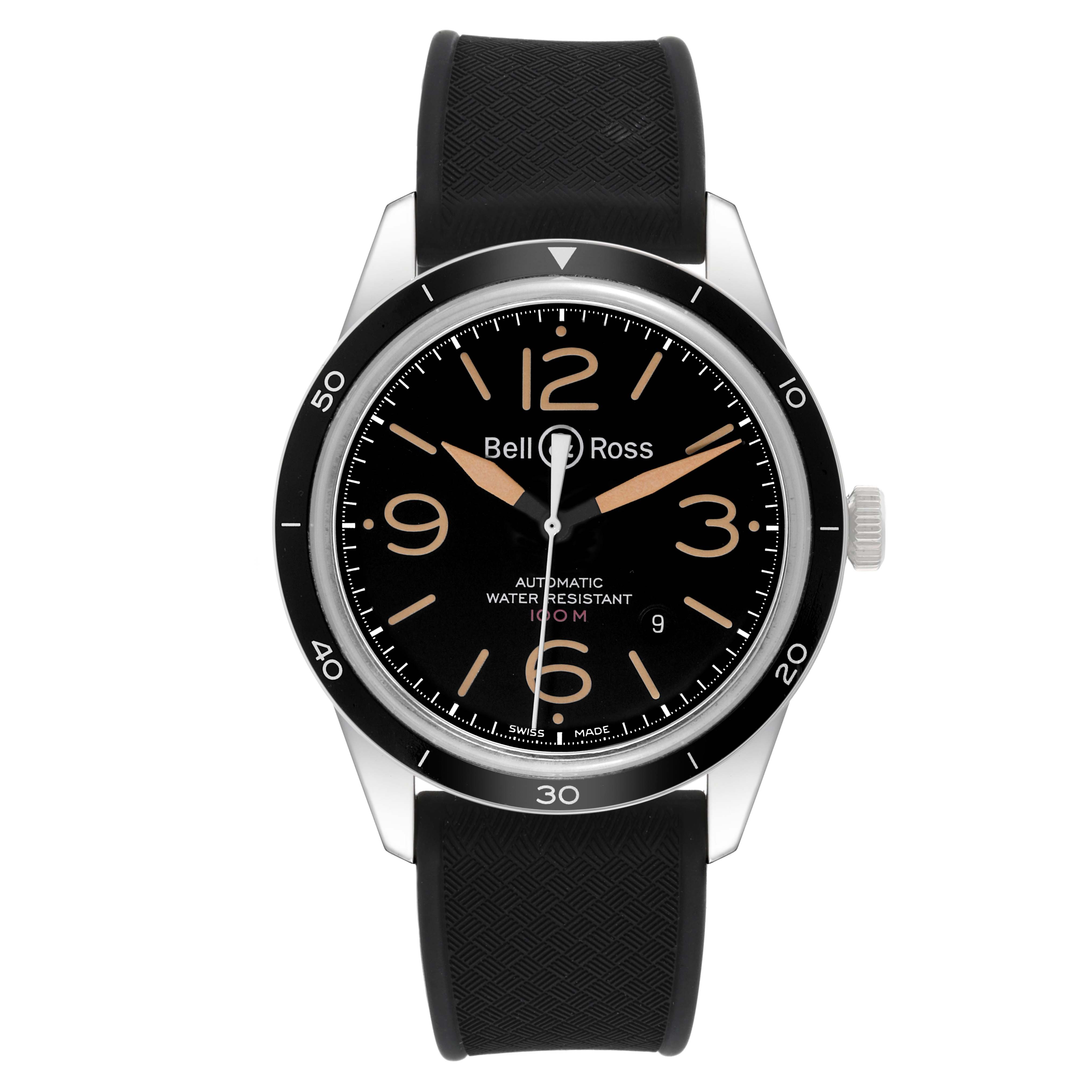The image shows a front view of the Bell 
Ross Heritage BR 123-92-SP Men
s Stainless Steel Black Dial BR 123-92-SP Men
s Stainless Steel Black Dial model watch, highlighting the bezel, dial, hands, and strap.